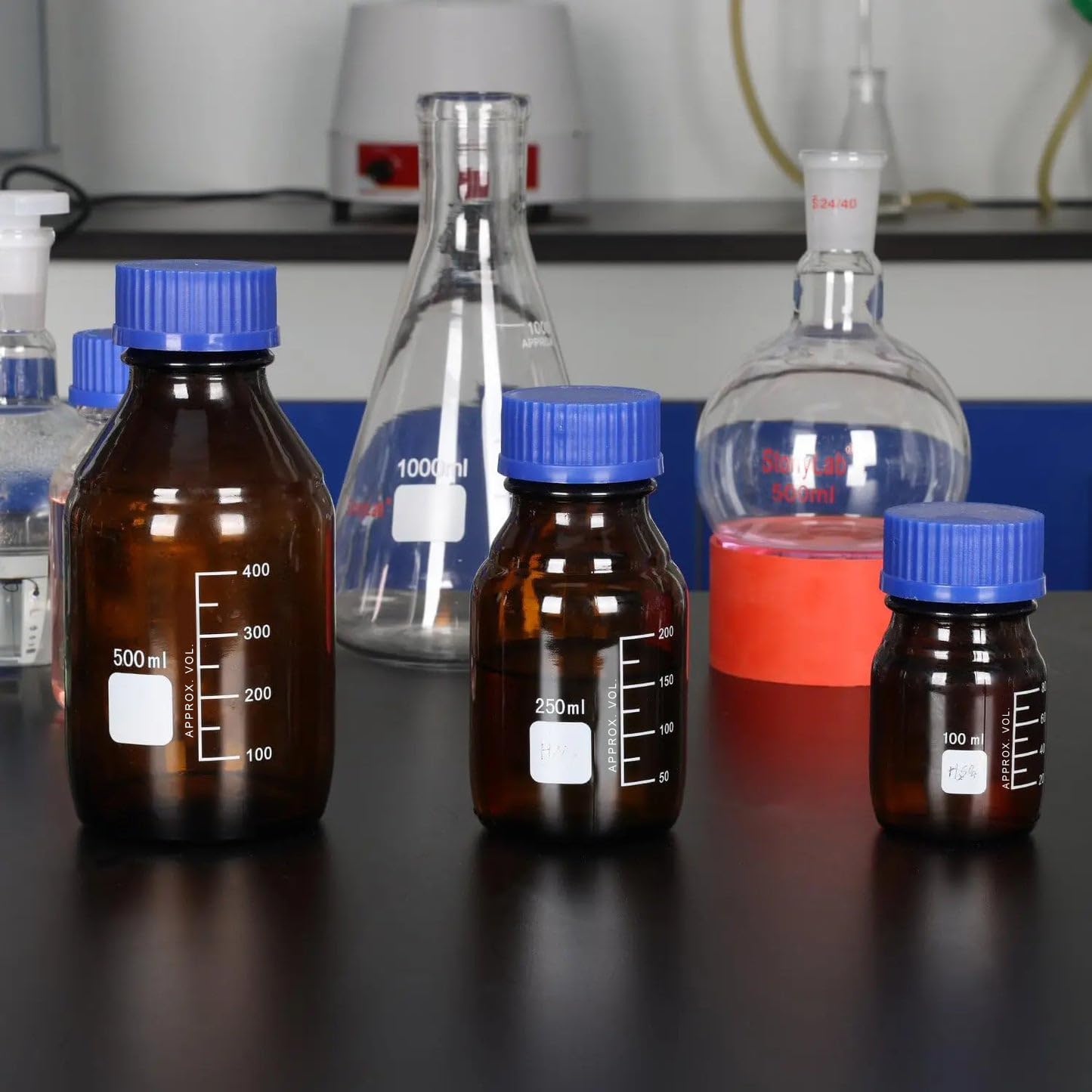 stonylab Butelki do przechowywania z zakrętką GL45, 1000 ml, ze szkła bursztynowego, okrągła, do przechowywania odczynników laboratoryjnych, z niebieską zakrętką, 1 opakowanie