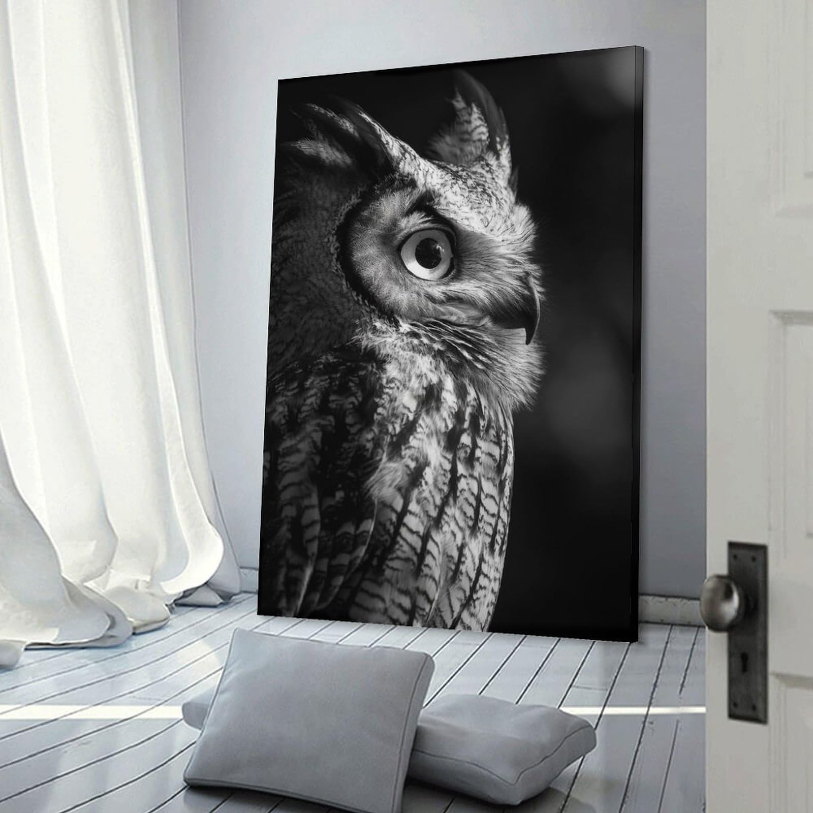 Junmoney Owl Portrait in Black And White Hanging Wall Art, 24x36inch(60x90cm), for Gallery Wall Decor And Room Displays, Home Wall Art for Statement Displays