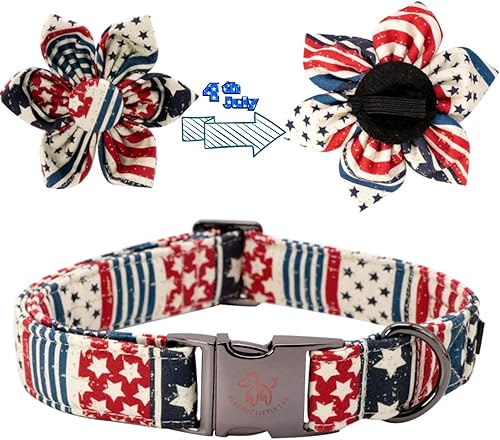 Miniatura 3 de Elegant little tail Collar de perro con la bandera de Estados Unidos, lindo collar de perro desmontable con flor, collar de perro ajustable para