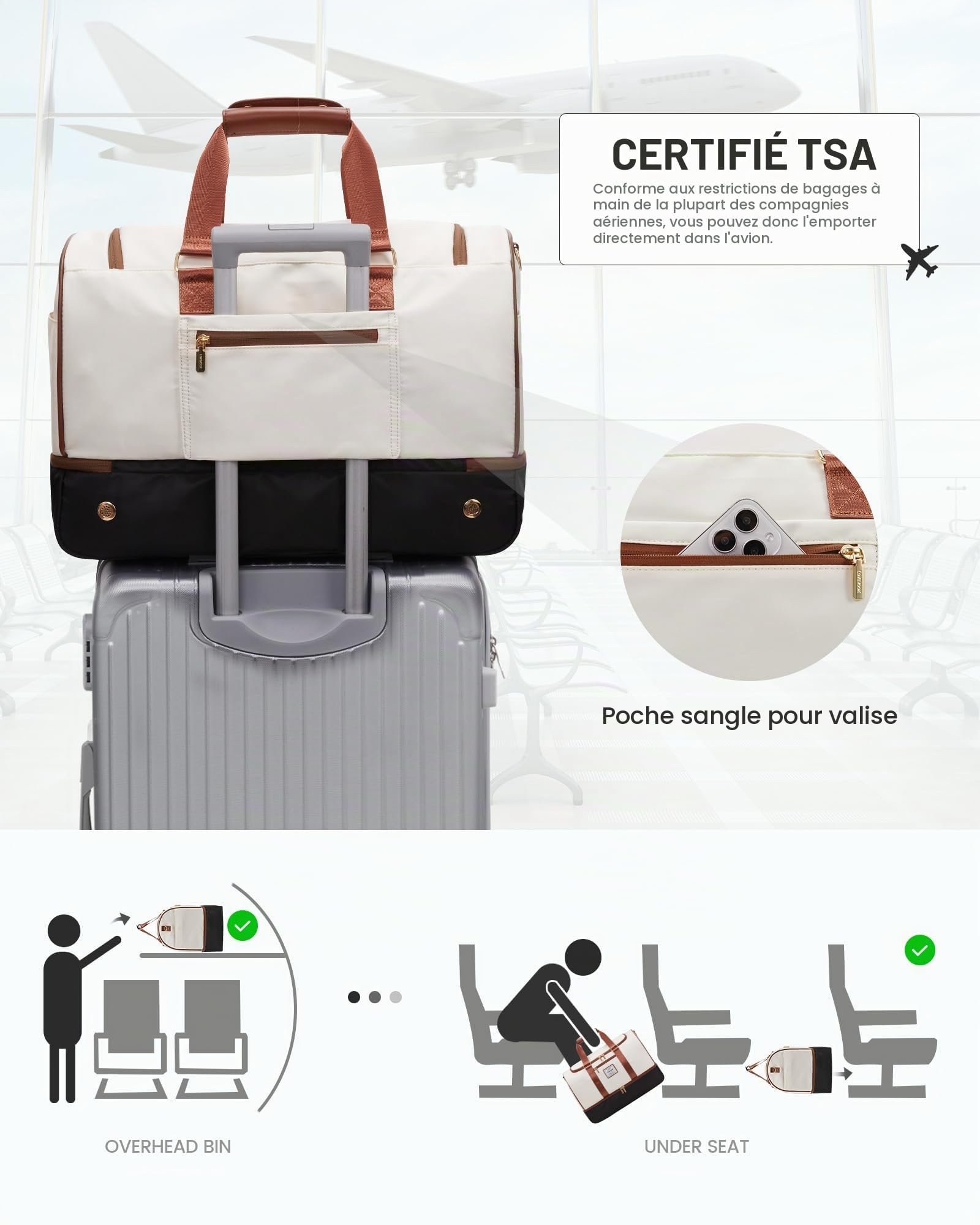 LOVEVOOK Sac de voyage pour femme - Sac de voyage Weekender - Avec trousse de toilette, compartiment à chaussures et compartiment humide - Étanche - Pour sport, vacances, avion, Beige/noir/marron, m