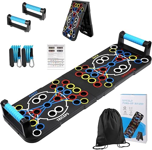 Koxxlo Tabla de flexión, barra de empuje plegable multifuncional 54 en 1 con bandas de resistencia, tabla de flexiones portátil, asas para piso,