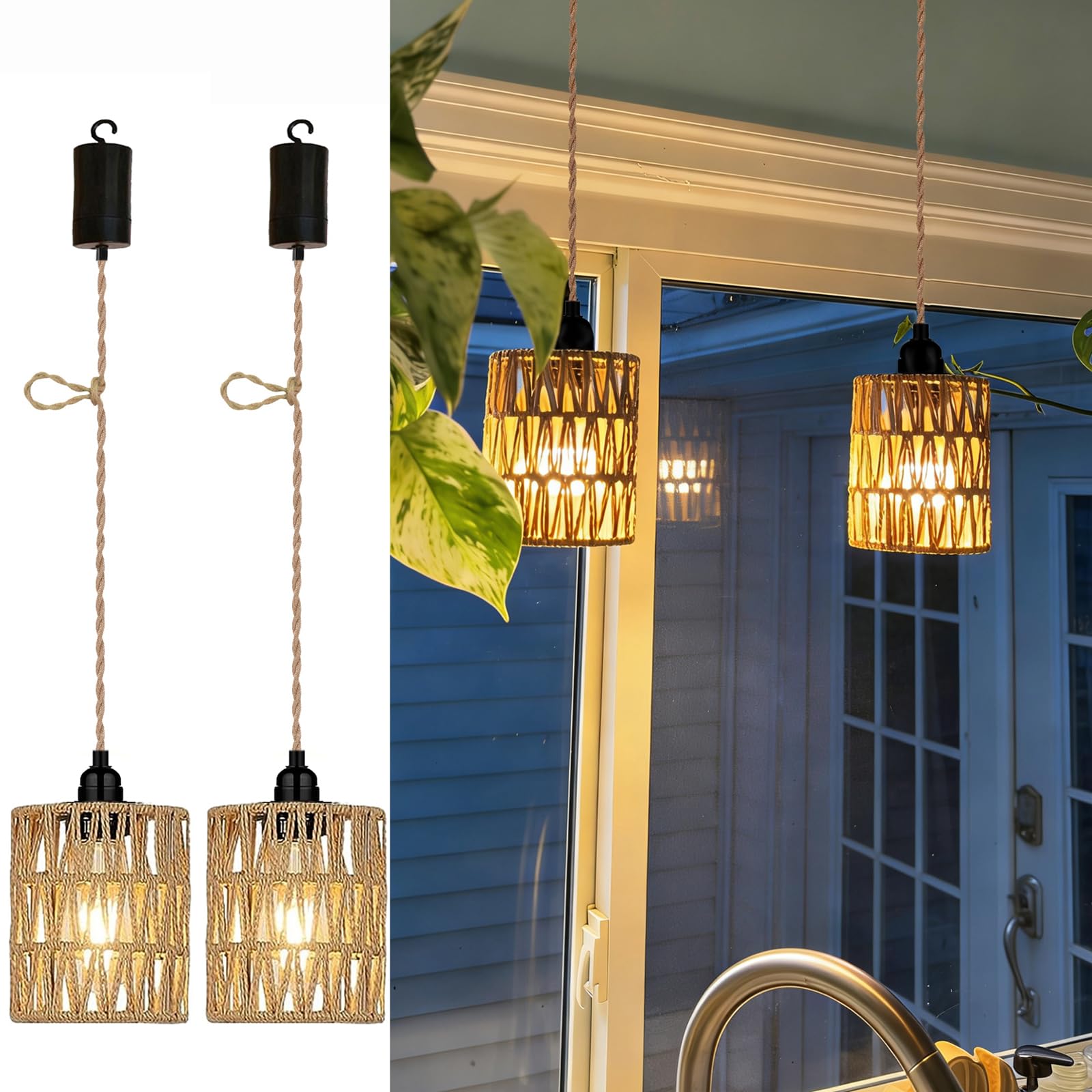 YIKEGE LICHT 2x Hängelampe mit Batterie Outdoor Batteriebetrieben Lampe Hängeleuchte Deckenlampe Ohne Stromanschluss Rattan Korb Lampenschirm Boho Hanfseil Lampen Glühbirne Ohne Strom Weihnachten Deko Beleuchtung