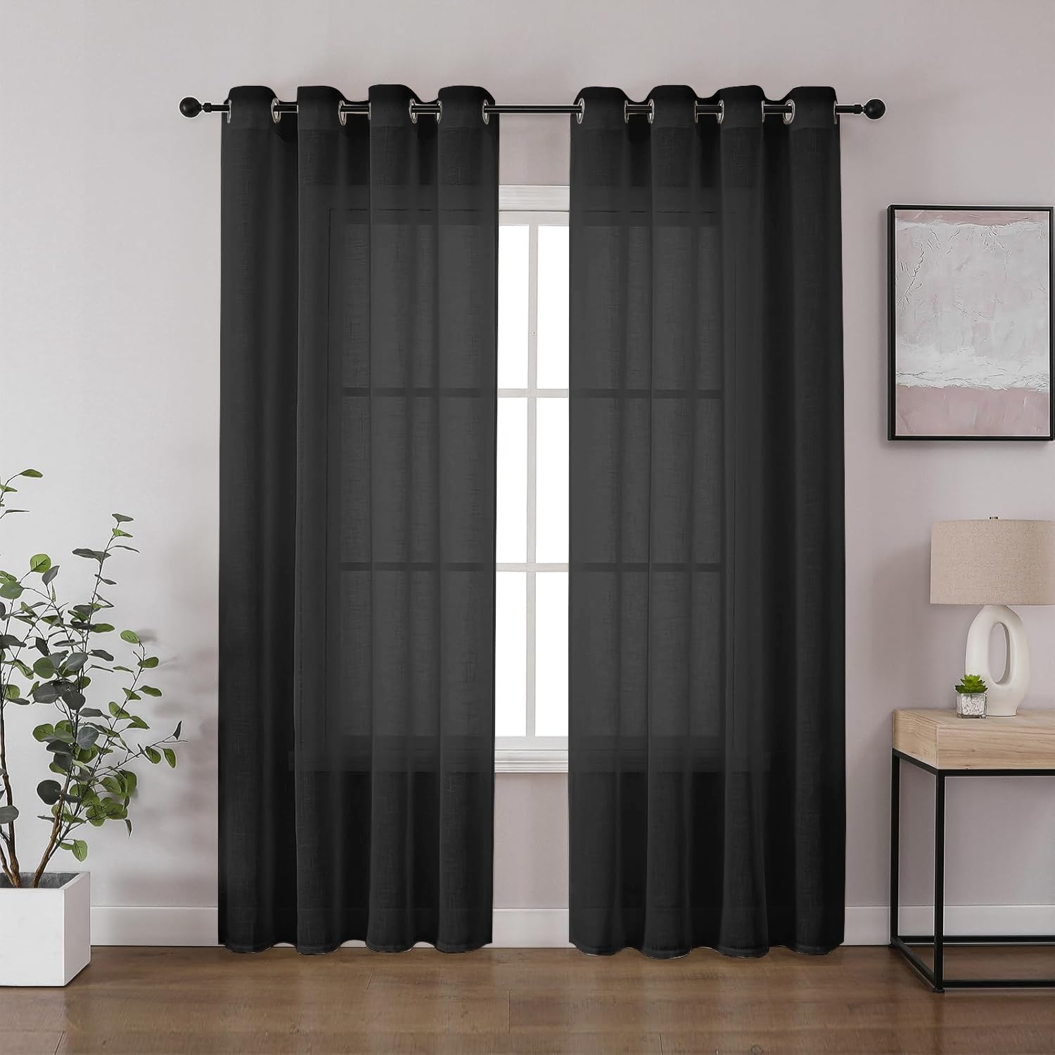 CUCRAF Voile Curtains Black 102 Inch Drop 2 Panels with Eyelet Linen Net Curtains for Windows Sheer Curtains for Bedroom Kitchen Dormitory Home Decoration โ image 1