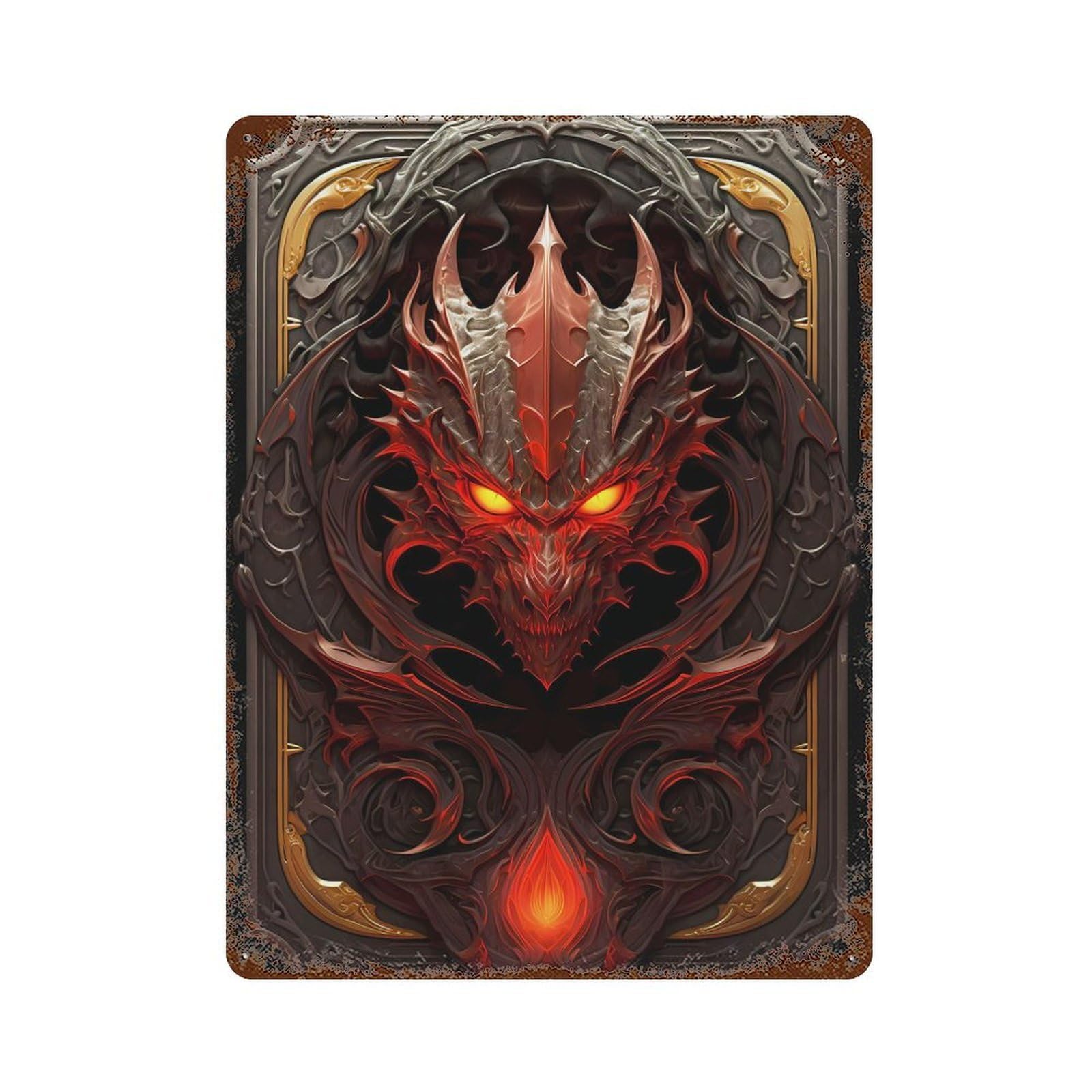Monster Dragon God Art 15.7"x11.8" Distressed Metal Wall Sign, Shabby Chic Decor for Shed, Workshop And Garage Wall Decor