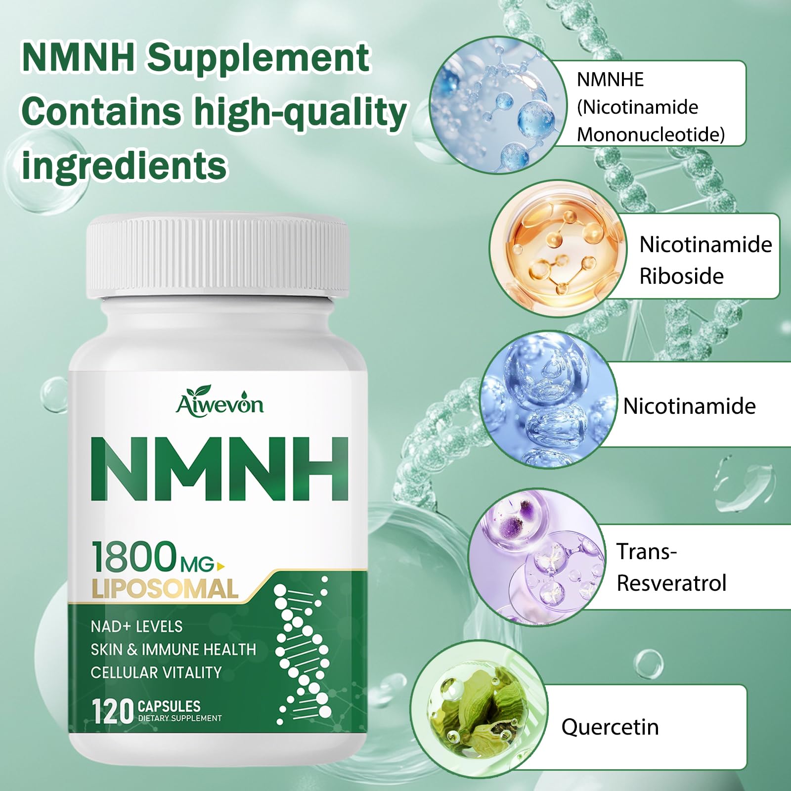 NMNH 1800mg Liposomal NAD+ Supplement, NMNH NMN Alternative with Nicotinamide Riboside & Resveratrol, NAD Booster for Cellular Energy Healthy Aging Support, 120 Vegan Capsules — Amazon image 2