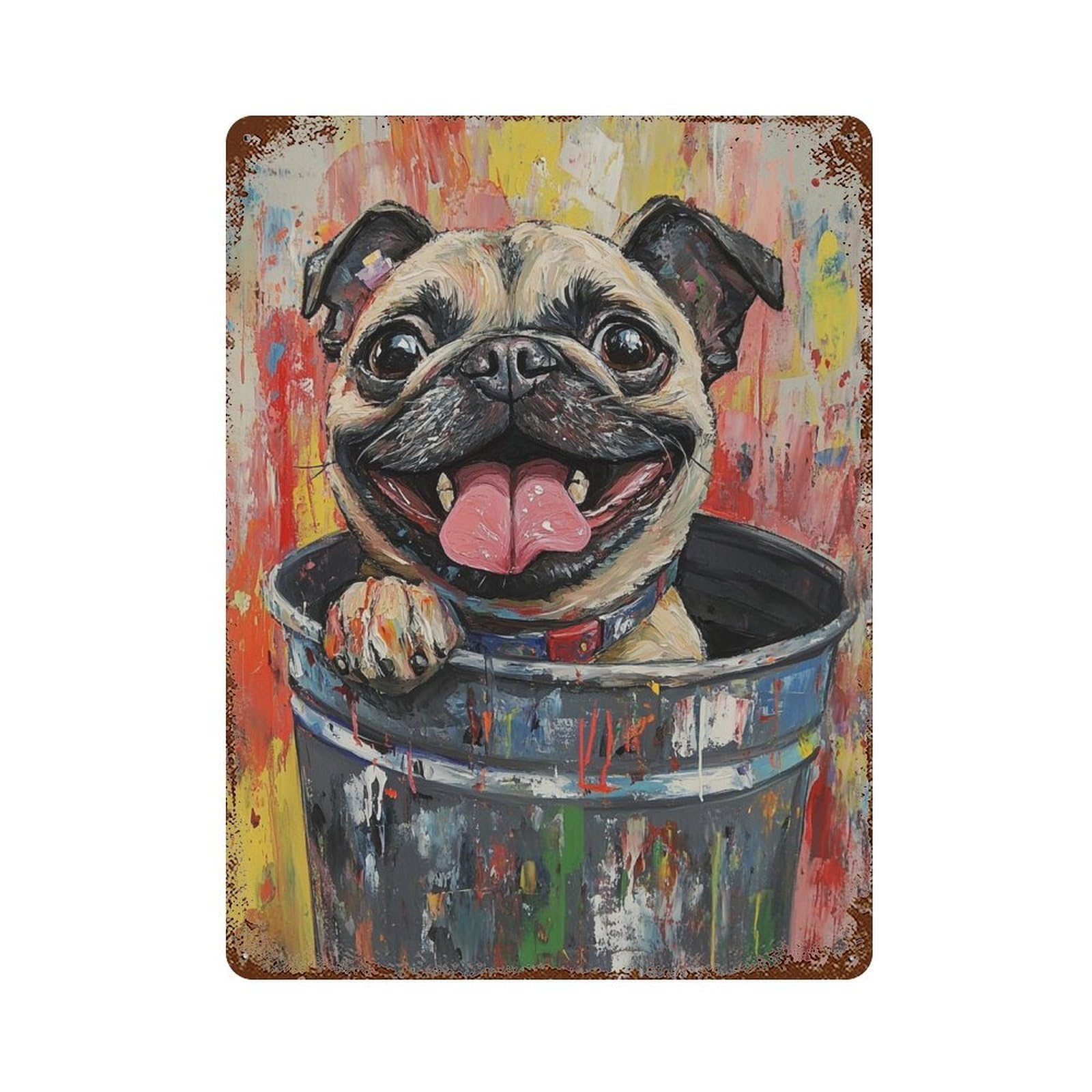 Happy Pug in Trash Can -1 Aged Metal Wall Plaque 15.7"x11.8", for Office, Studio And Wall Decor, Novelty Wall Decor