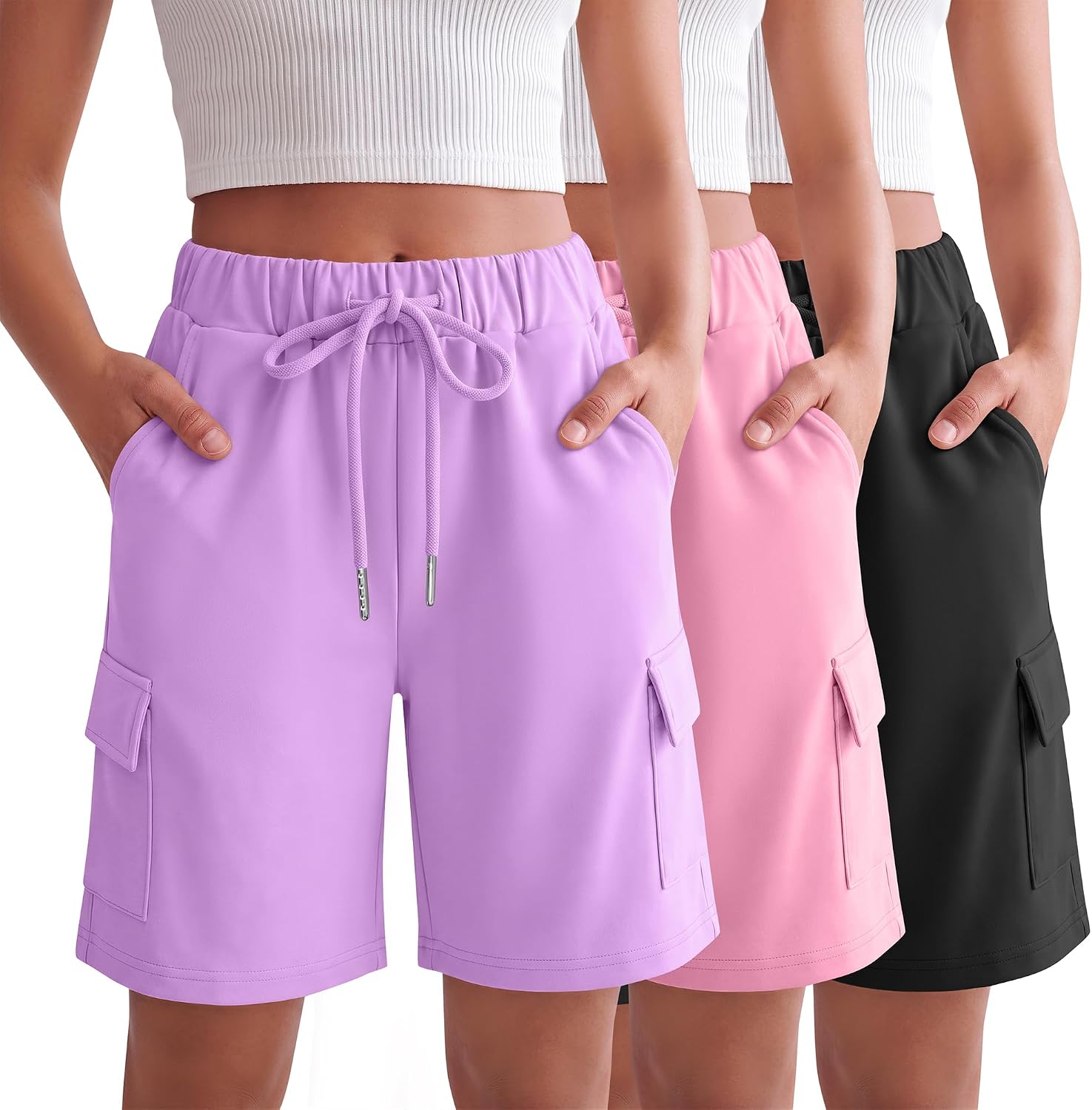3 Pack Girls' Cargo Bermuda Shorts | Knee Length Sweatshorts, Loose, Summer, Athletic, Baggy, Elastic Waist, Daily, Hiking, Running, School, 4 pockets, 5-14 Years