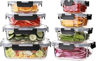 Wells Glass Meal Prep Containers, 8 Pack Glass Food Storage Containers Set with Airtight Locking Lids for Lunch, Fridge, Freezer, Dishwasher Safe, BPA-Free, Clear
