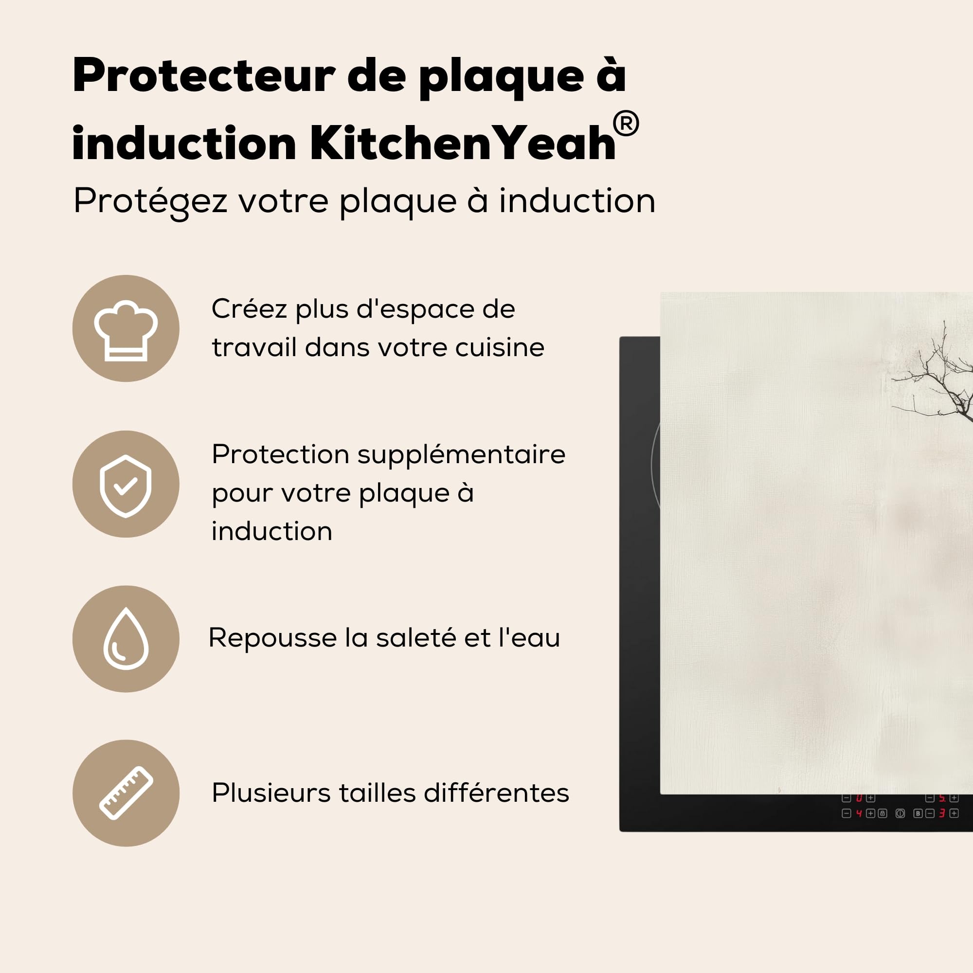 KitchenYeah© Protection Plaque Cuisson Deco Cuisine Cache Induction 80x52 cm Protège Pour Cuisiniere Protection Wabi Sabi - Plante - Beige
