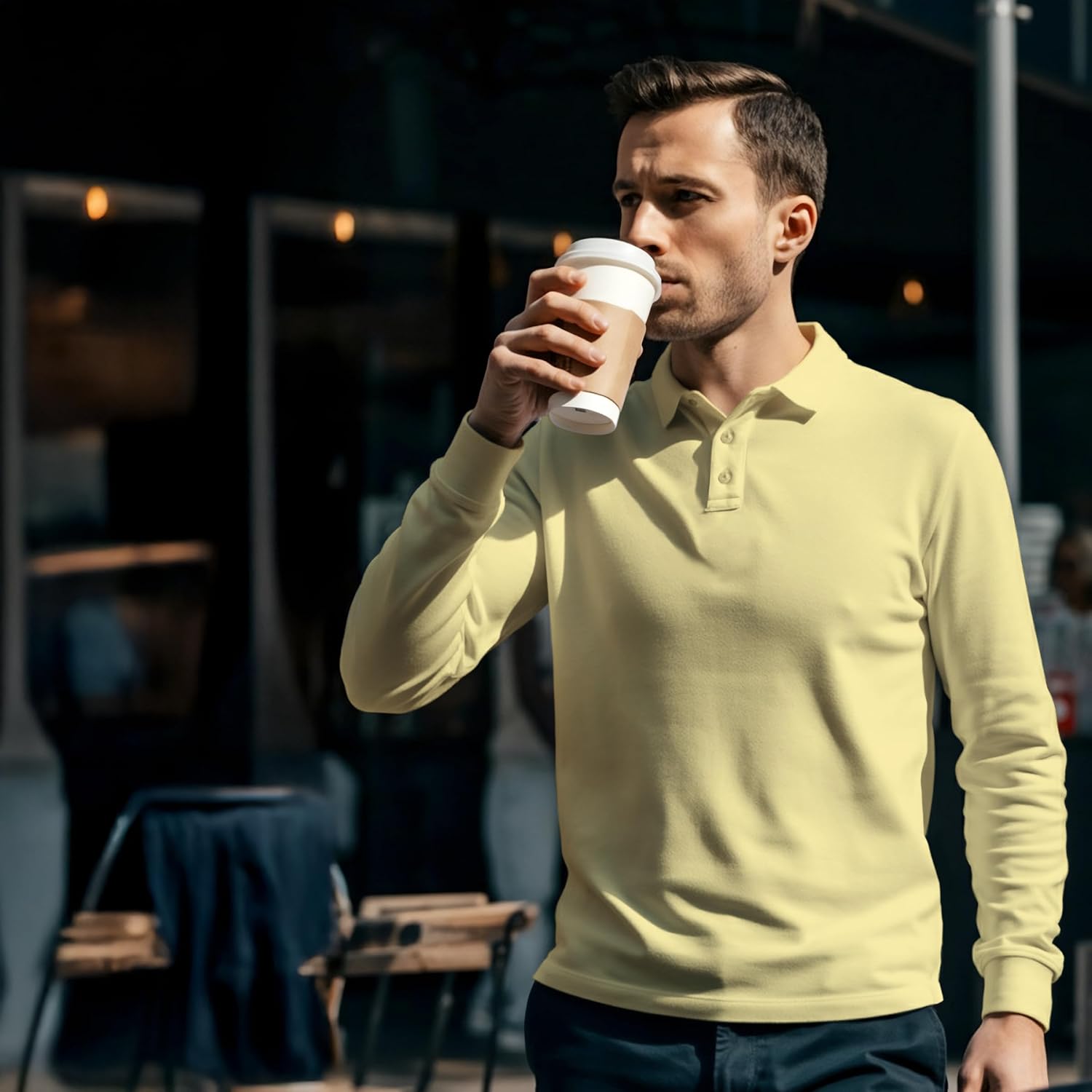 Premium Wear Long Sleeve Polo Shirt for Men, Cotton-Blend Fabric Golf Shirt with Collar, 3-Button Placket, Stain Guard - Image 2