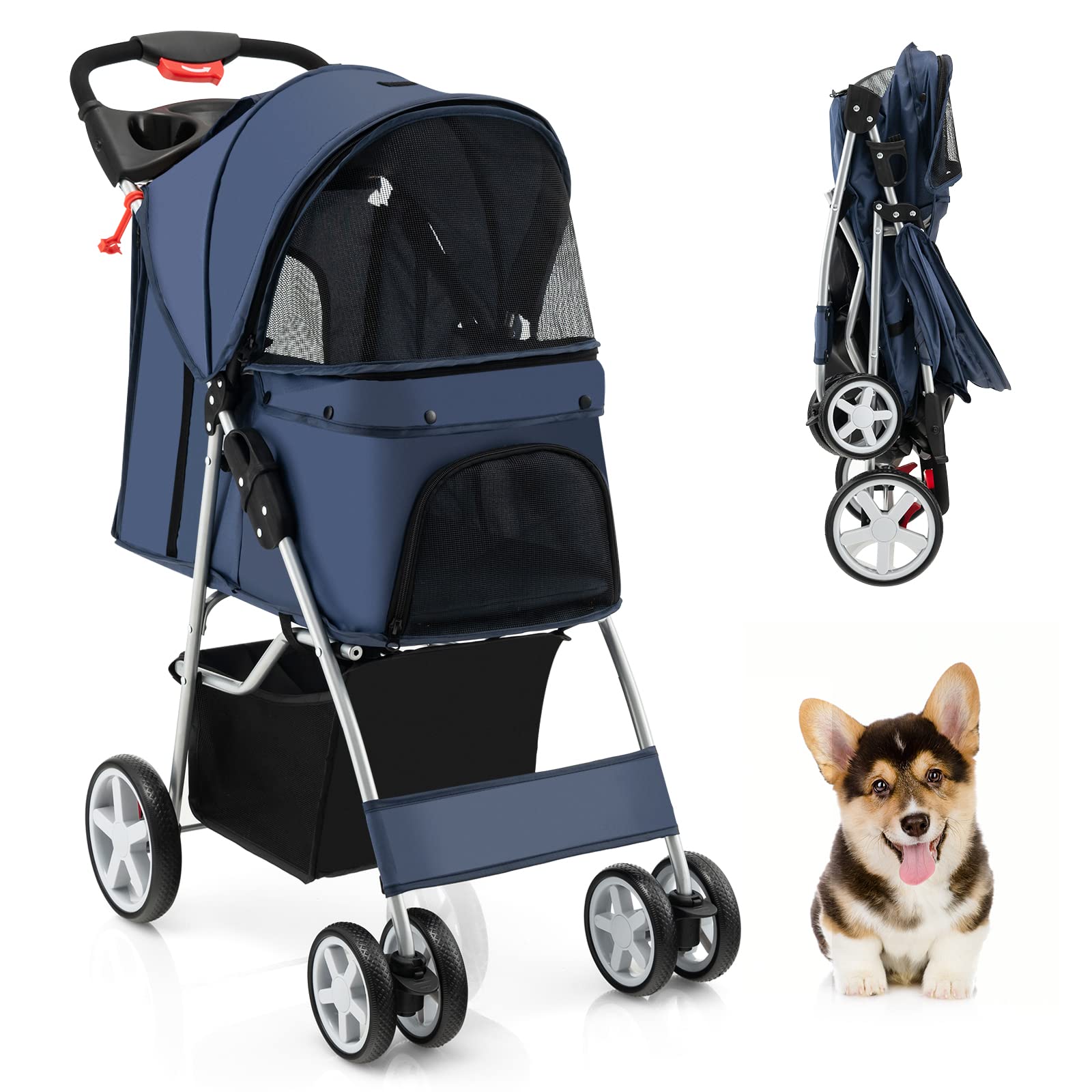 GYMAX Folding Pet Stroller, Portable Pet Travel Pushchair with 4 Wheels, Safety Belt, Mesh Windows and Cup Holder, Pets Travel Carrier Carriage for Dogs and Cats (Blue)