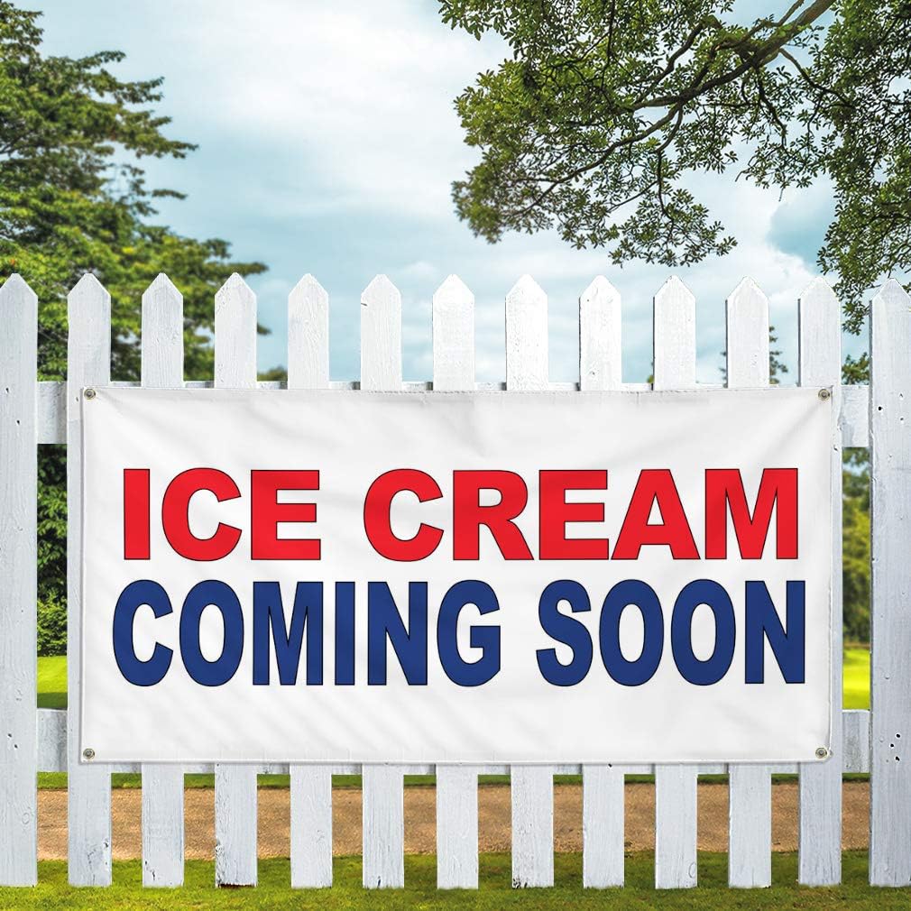 Vinyl Banner Multiple Sizes Ice Cream Coming Soon Red Blue Food Bar Restaurant Truck Business Outdoor Weatherproof Industrial Yard Signs 4 Grommets 24x36Inches