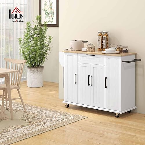 Miniatura 2 de HOMCOM Isla de cocina sobre ruedas, carrito de cocina rodante con parte superior de madera de caucho, cajón, estante para especias, toallero,