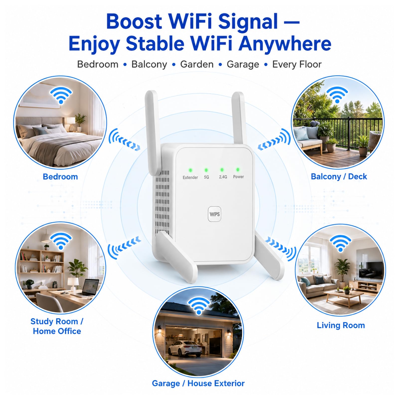Amplificatore Wi-Fi, ripetitore Wi-Fi, ripetitore WiFi, 1200 Mbps, doppia banda con 4 antenne, per casa, ufficio e appartamento in affitto