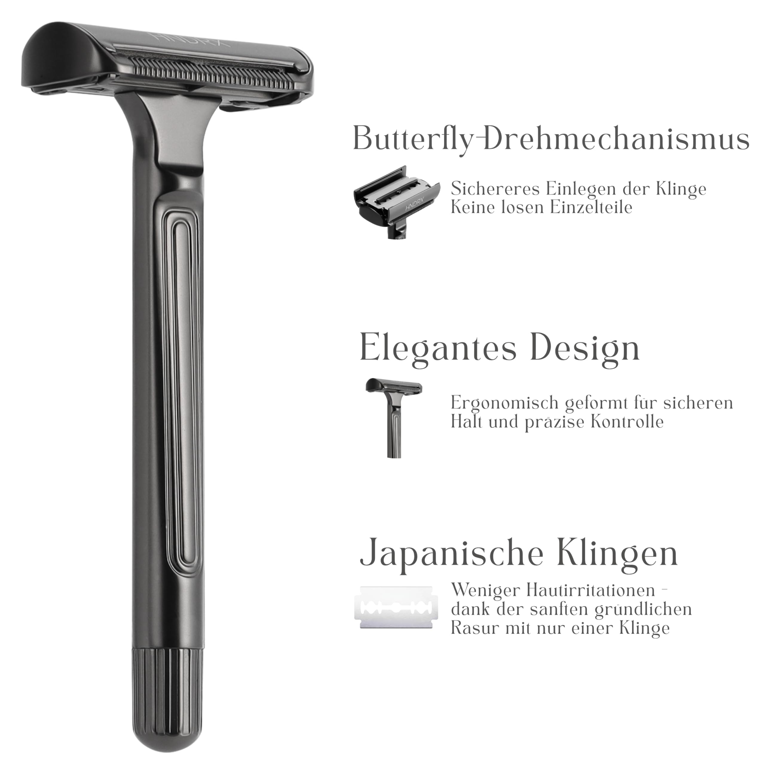 Maquinilla de afeitar para hombre y mujer, mecanismo de mariposa, ángulo de 30°, incluye 10 cuchillas japonesas (Obsidienne)