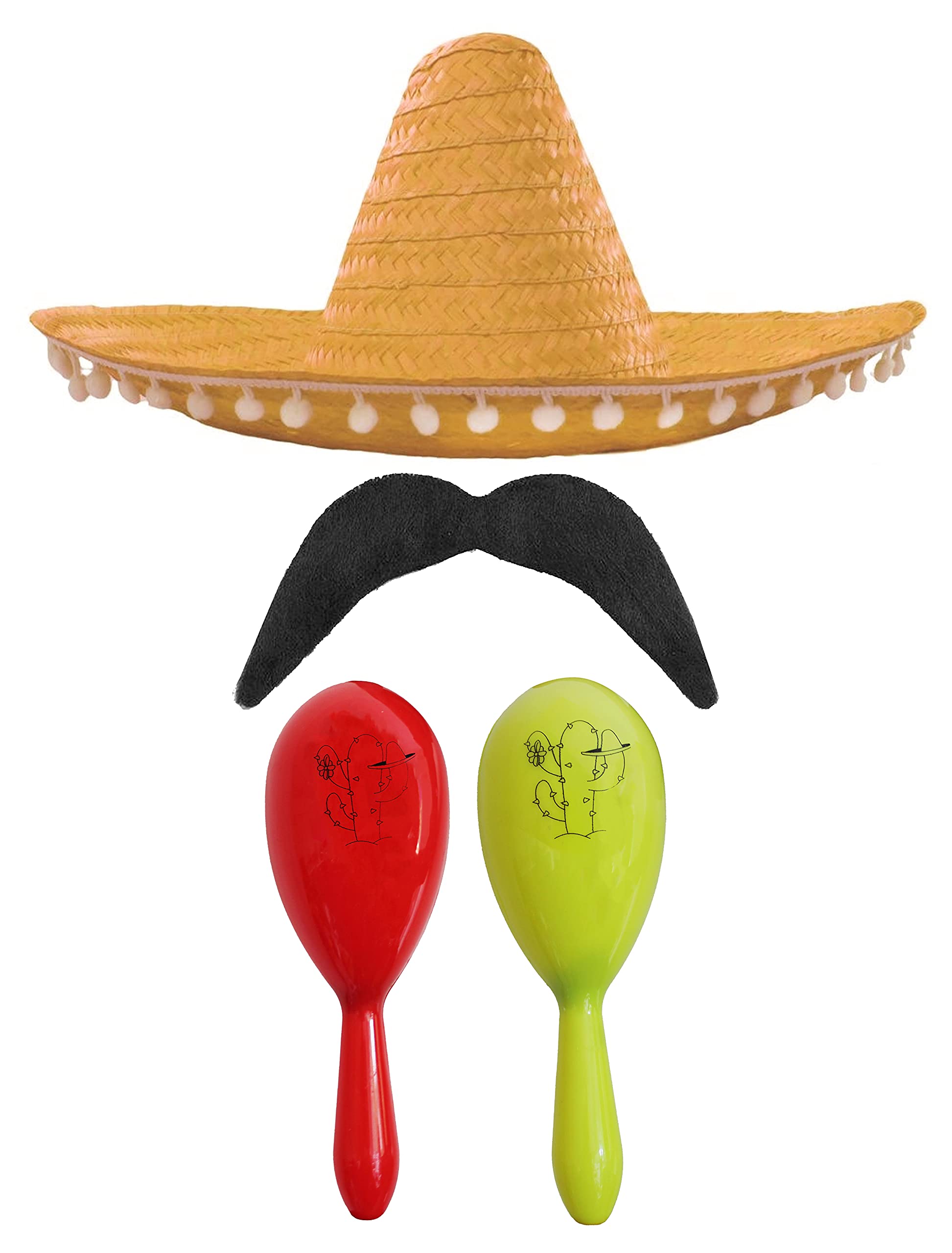Adults Mexican Accessory Set - Natural Mexican Sombrero, Red & Yellow Maracas, Moustache - Mexican Cinco de Mayo Sensorita Bandit Mariachi Fancy Dress Costume Accessory Set