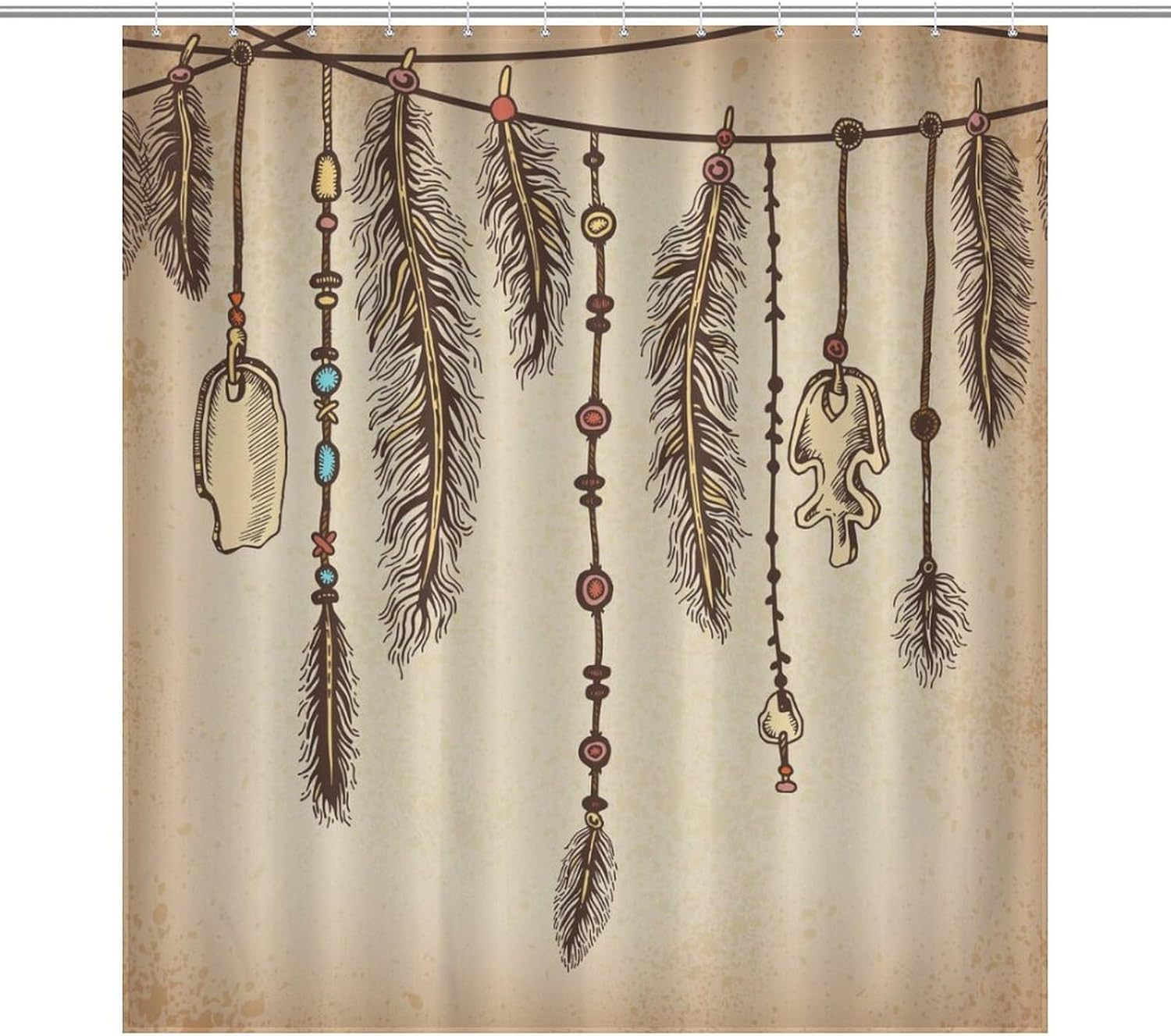 Indian Tribe Feather Shower Curtains, Retro Nationality Decor Pattern Vintage Yellowed Backdrop Bath Drapes Set with Hooks, Waterproof Fabric Windows Treatment for Bathroom, 66x72in