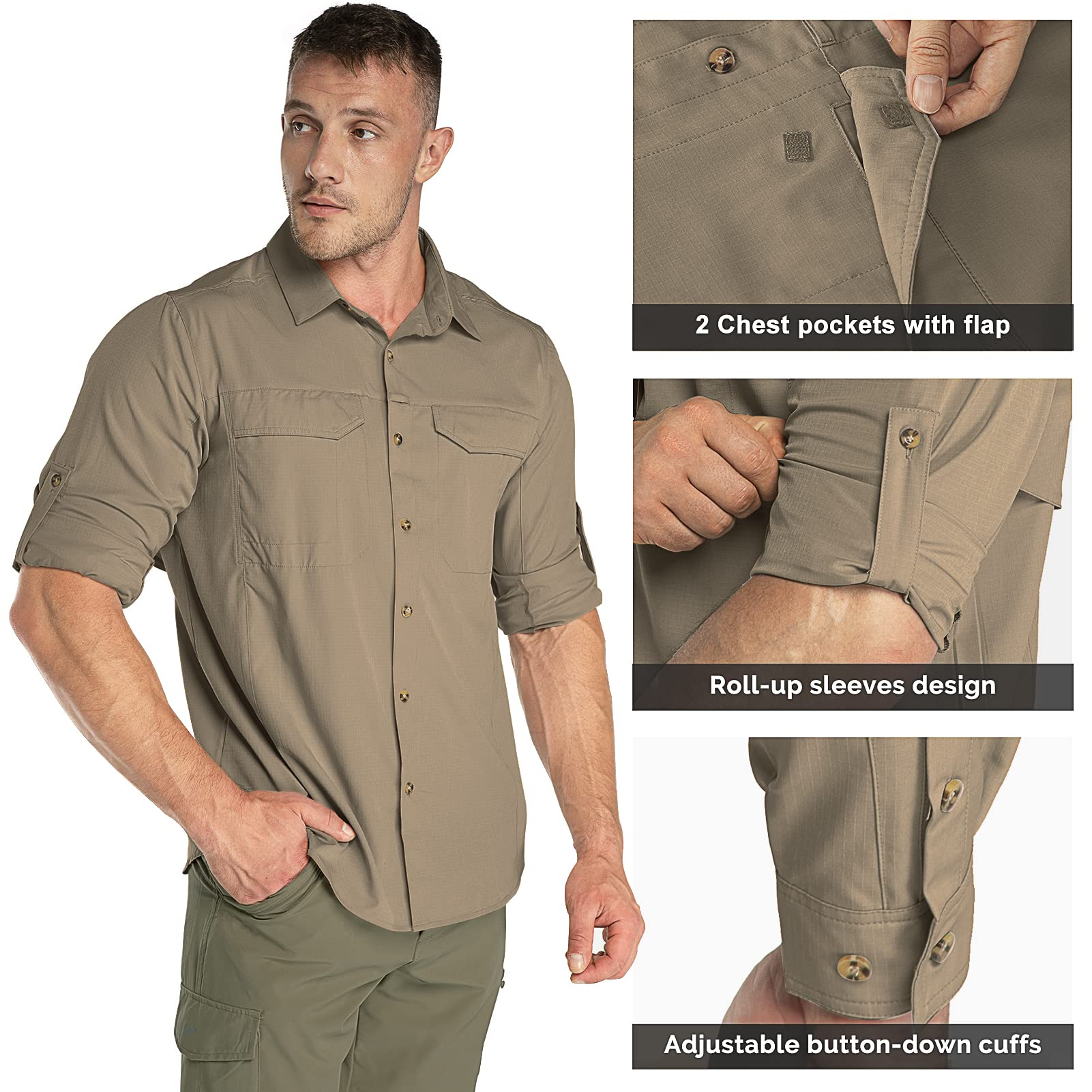 33,000ft | Camisa de pesca de manga larga para hombre, con botones, protección UV UPF50+, transpirable, mangas enrollables