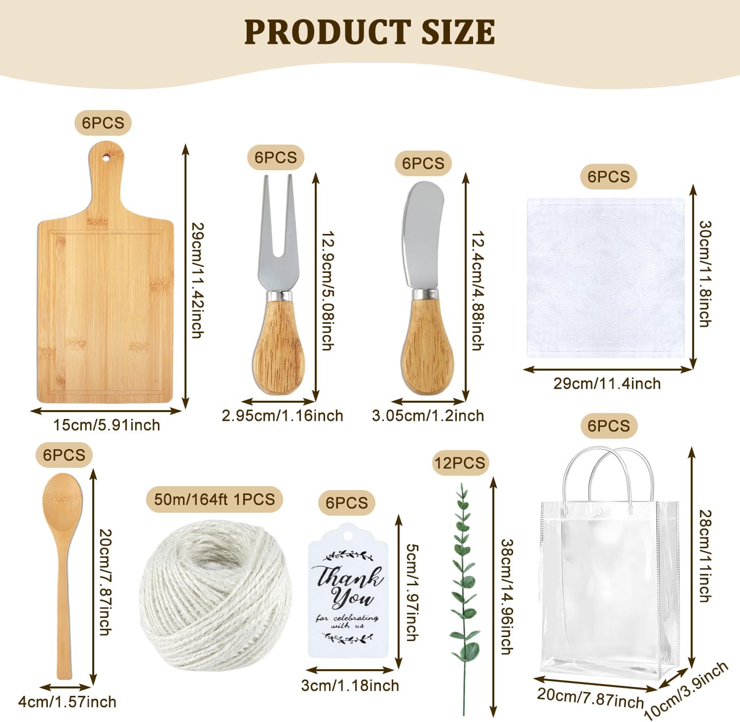 55pcs Baby Shower Prizes for Game Winners, 6 Sets Baby Shower Winners Guest Gifts with Bamboo Cheese Board Knives Spoons Fork Towel Thank You Card and Gift Bags for Wedding Bridal Favors