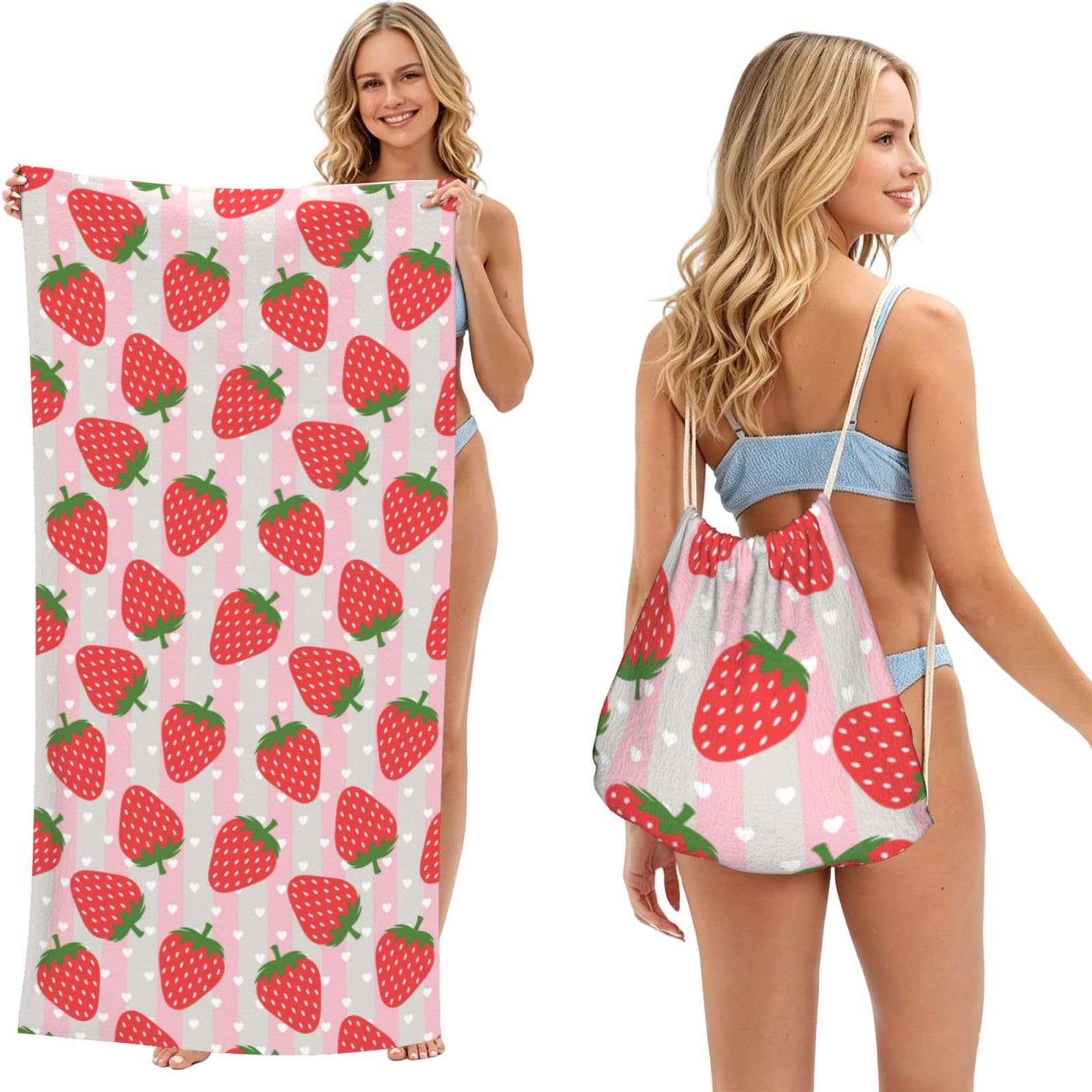 Poadnly As Picture Strawberry, 2 In 1 Packable Towel Bag, Beach Towels With Drawstring Backpack For Travel Holiday Camping