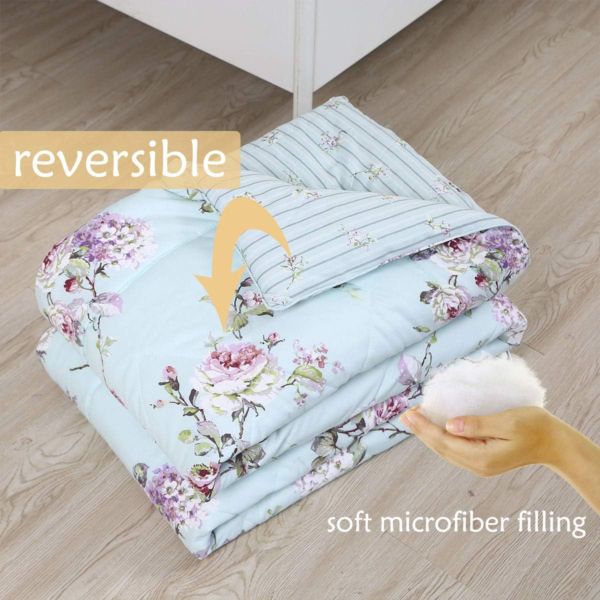 FADFAY Floral Comforter Set King Size 3 Pcs All Season Reversible Down Alternative Duvet Insert Lightweight 100% Cotton Fabric Microfiber Blue Hydrangea Peony Printed Farmhouse Quilt 2 Pillowcases