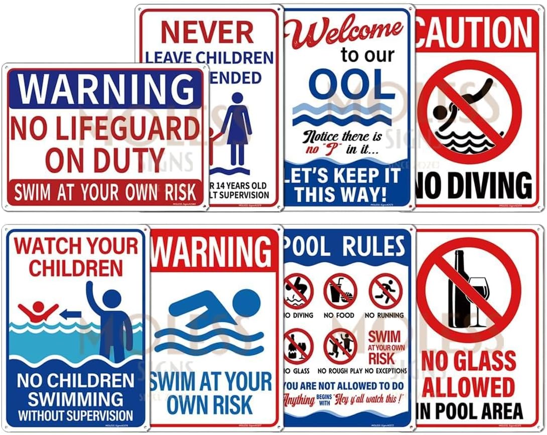 Pool Signs Bundles - 8Pack 14x10 Inches Pool Signs, PSP-2302| PSP-2402| PSP-2403| PSP-2501, Durable 0.040 Aluminum Weatherproof & UV Protected, Easy to Mount for Pool Safety
