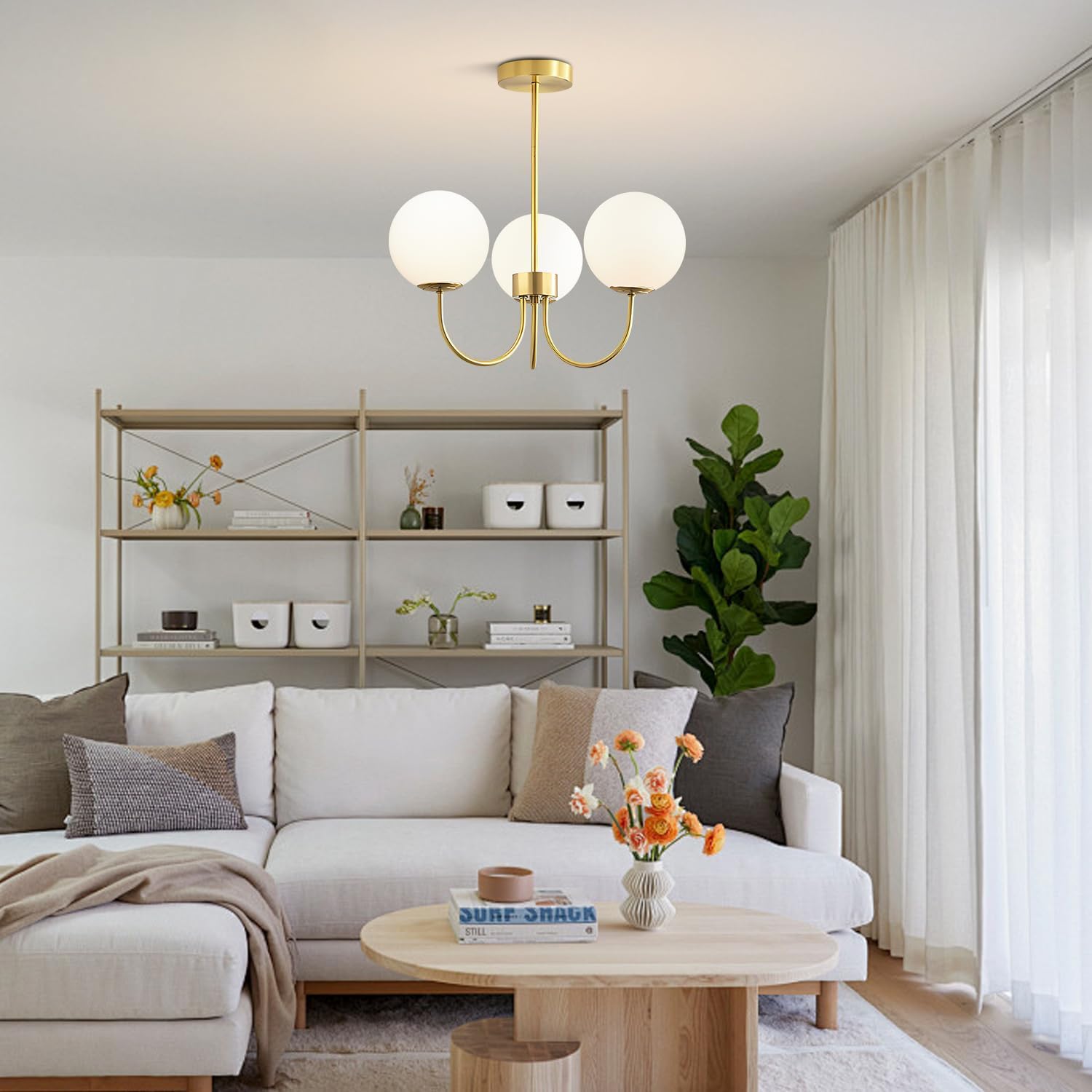 Mid Century Modern Dining Room Chandeliers 3-Light Milk Glass Chandelier Gold Globe Chandelier Light Fixture Nordic Flush Mount Light Fixture for Kitchen Living Room Bedroom