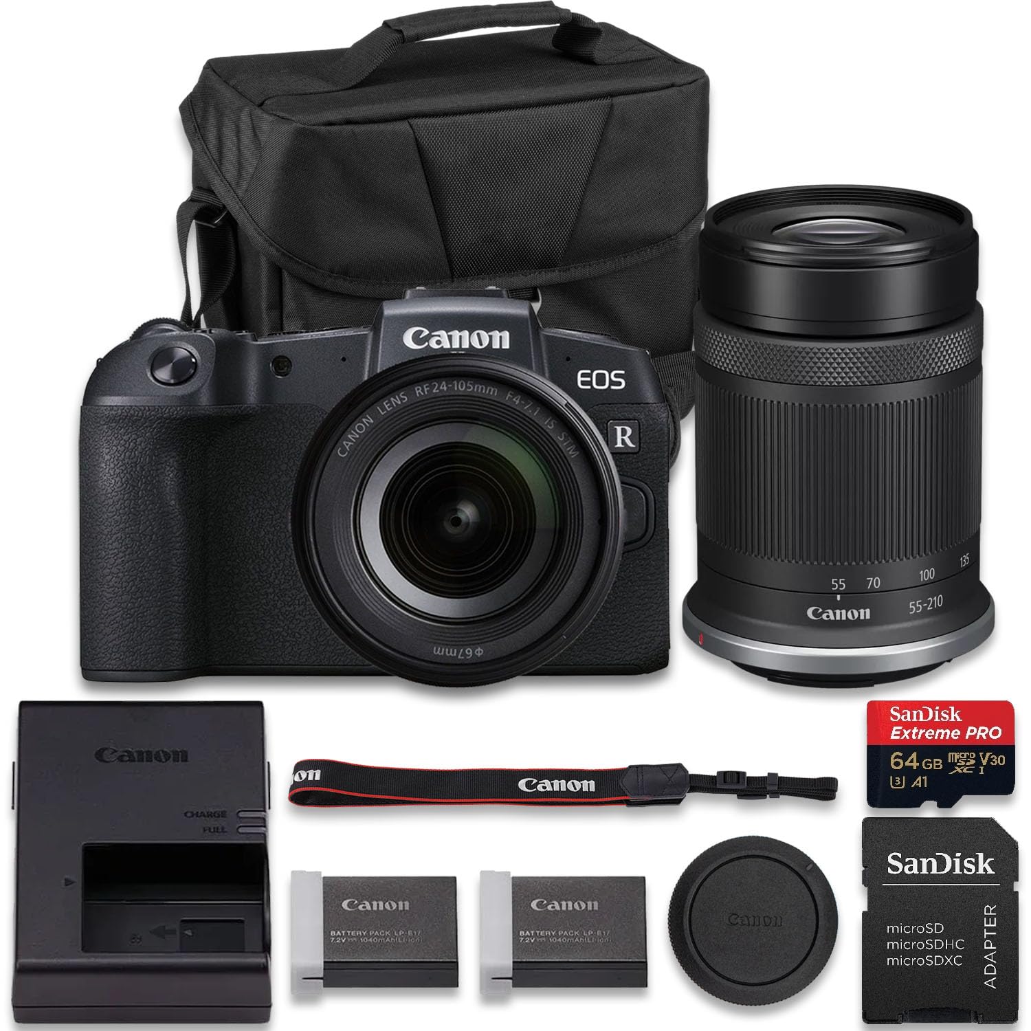 Canon EOS RP Mirrorless Camera with RF 24-105mm f/4-7.1 is STM + RF-S 55-210mm f/5-7.1 is STM Lens + Extra LP-E17 Lithium-Ion Battery + SanDisk Extreme Pro 64GB + More(16pc Bundle)