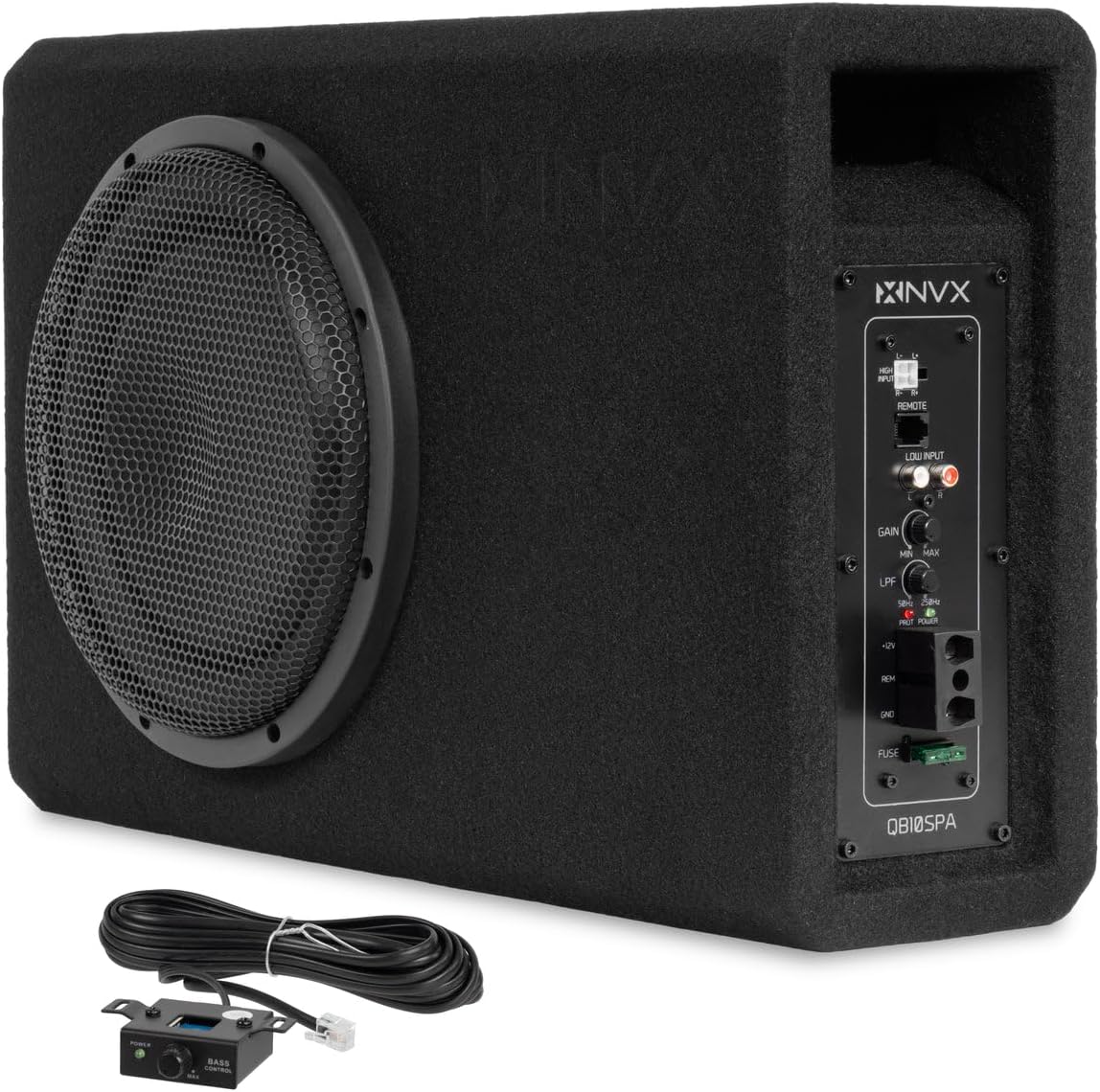 NVX QB10SPA 10" 1200W (350W RMS) Shallow Slot Ported Powered Subwoofer Enclosure – Built-in Amplifier, Metal Grille, Remote Bass Knob, Easy to Install in Cars & Trucks