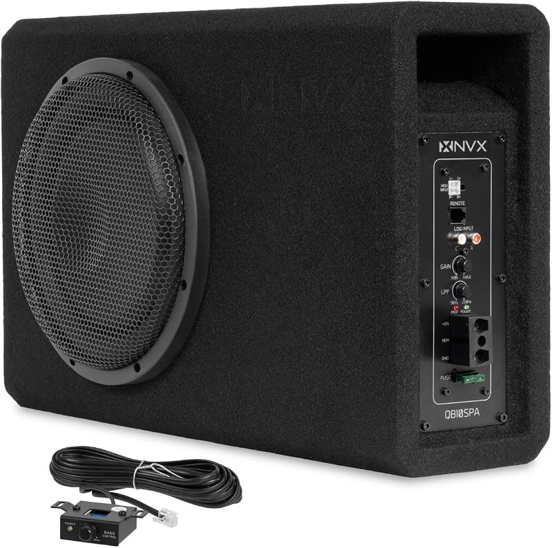 Caja de subwoofer con puerto de ranura poco profunda de 10" 1200 W (350 W RMS) | Amplificador incorporado, rejilla de metal, perilla de graves remota, fácil de instalar en automóviles y camiones