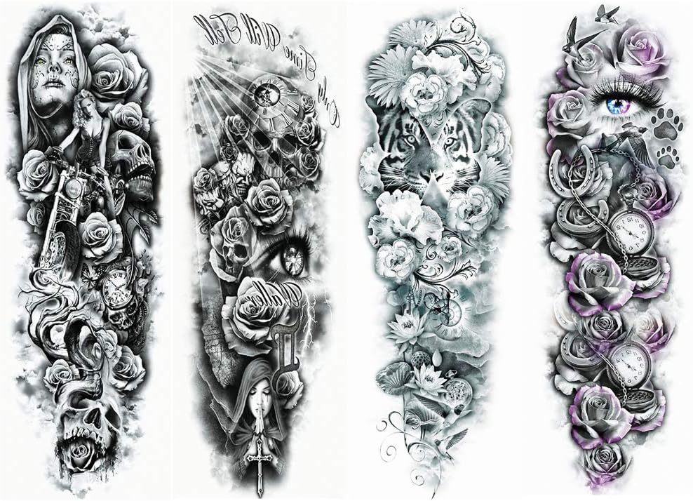 Large Arm sleeve Tattoo Waterproof temporary tattoo Sticker Skull Angel rose lotus Men Full Flower Tatoo Body Art tattoo Women (A (4 sheets))