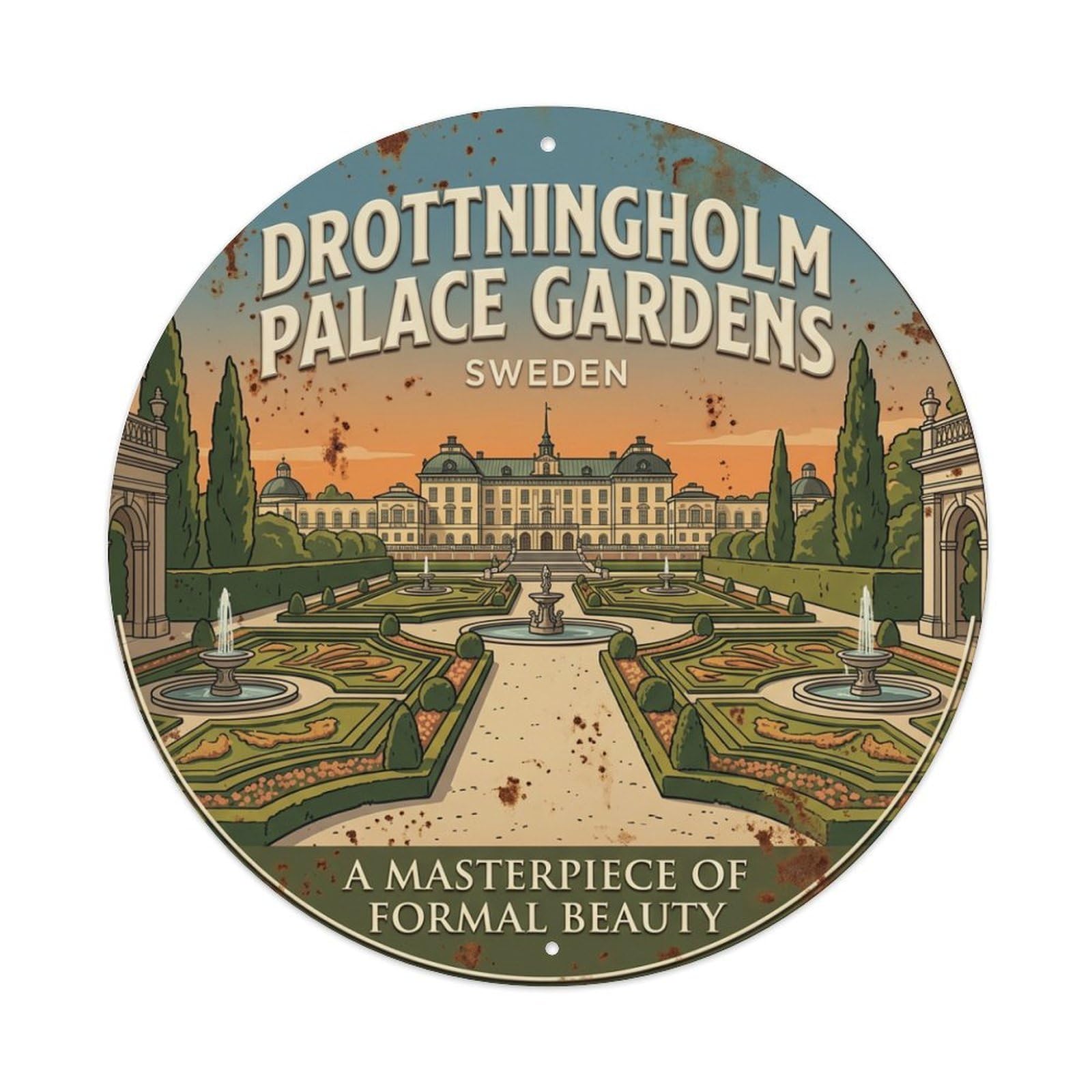 Vintage Travel Drottningholm Sweden Gardens Metal Tin Sign