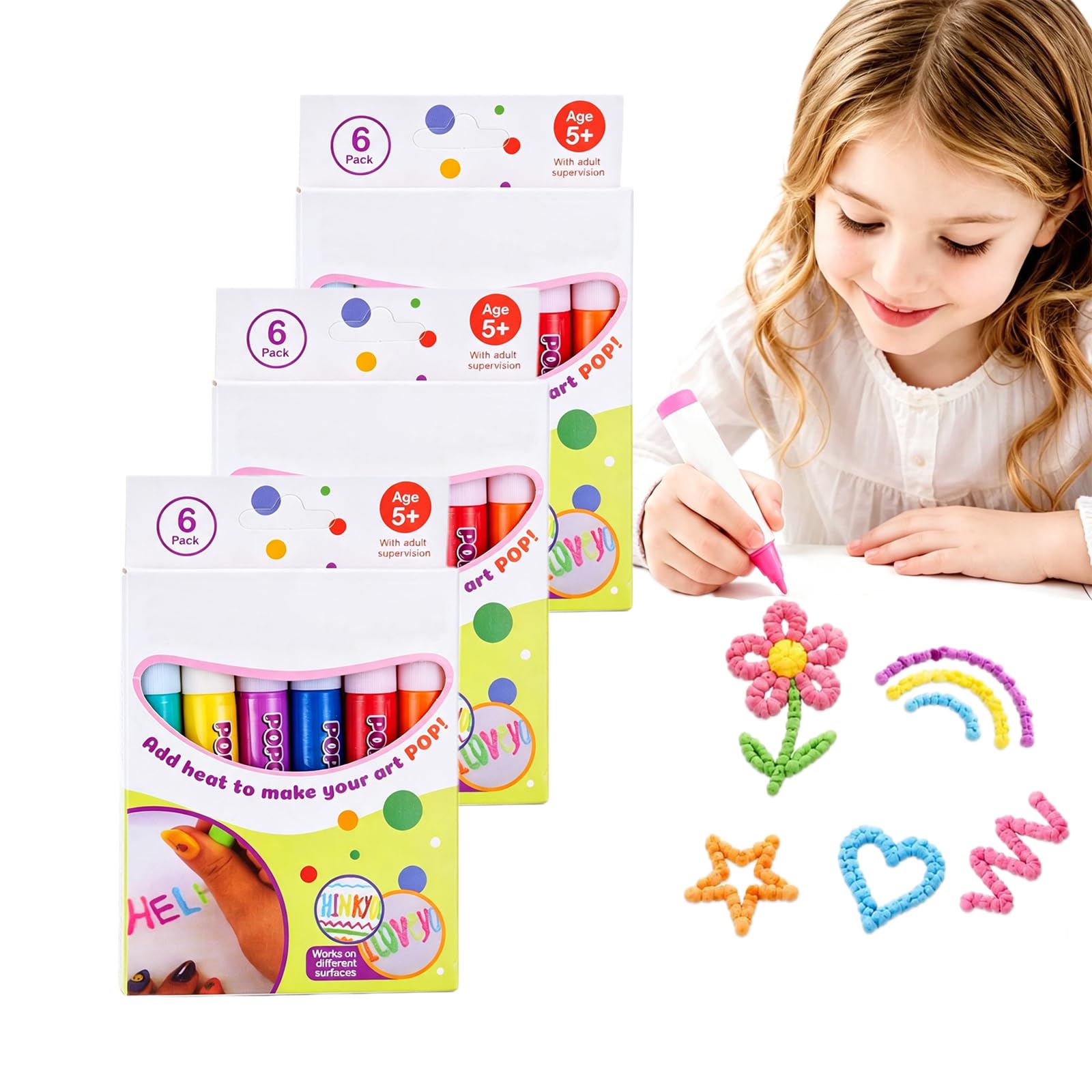 Popcorn Pens for Kids, 3D Puffy Pens Bubble Drawing Markers, DIY Art Craft Paint Pen for Greeting Cards, Scrapbooks and School Projects, Creative Birthday Gifts (3Pcs)
