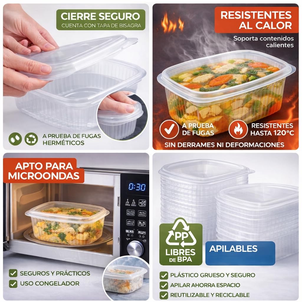 Envases comida para llevar 1000ml, pack de 100 unidades, tapa transparente, recipientes plástico PP desechables para hostelería, restauración y delivery, comida caliente y fría, apto para microondas
