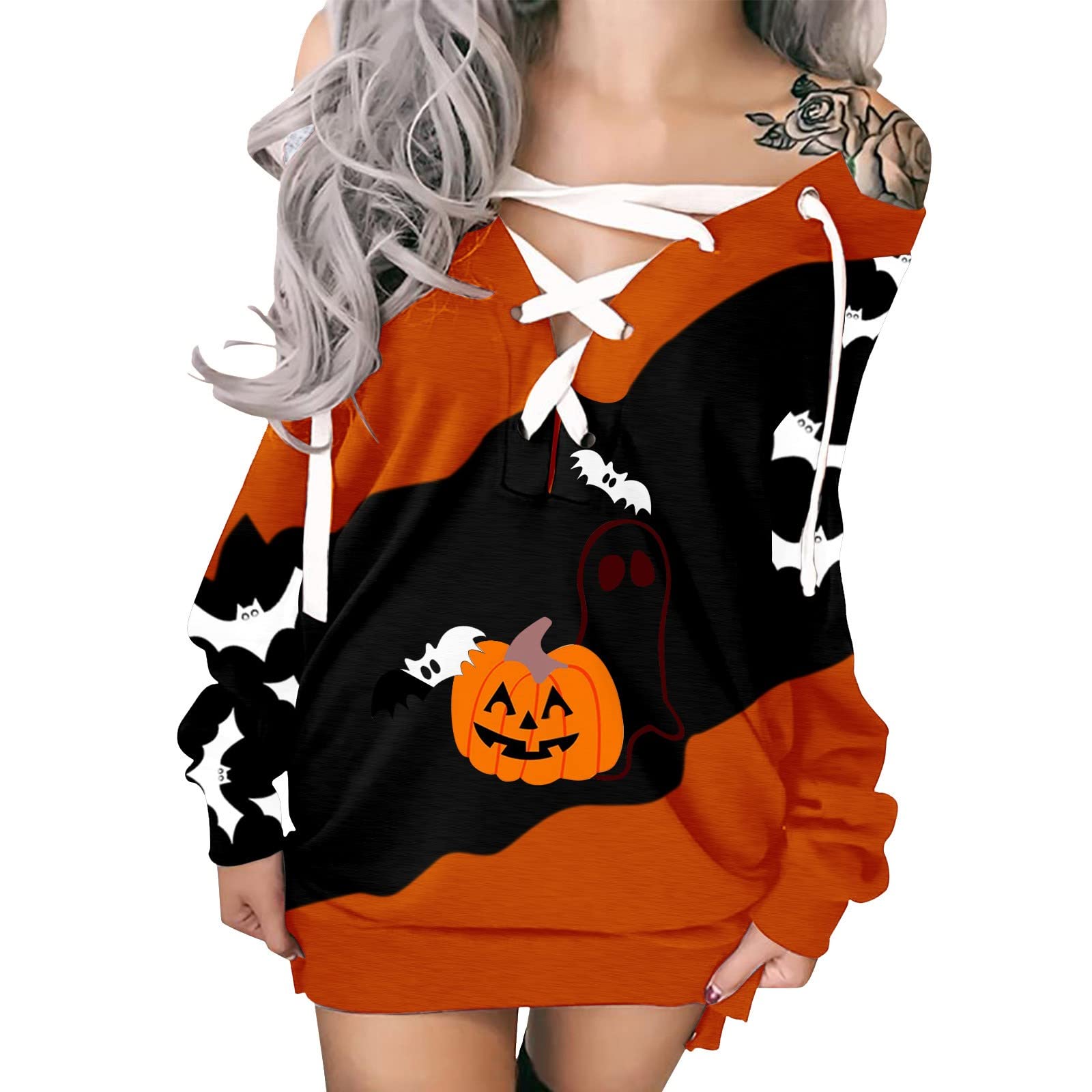 Robe pour Femmes Halloween Impression Sweat Robe épaules dénudées à Bretelles Manches Longues Ample et décontractée Couleur Assortie - Robe Grande