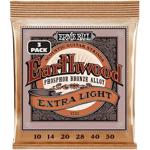 Ernie Ball Earthwood Extra Light Phosphor Bronze Acoustic Guitar Strings 3-pack, 10-50 Gauge (P03550)