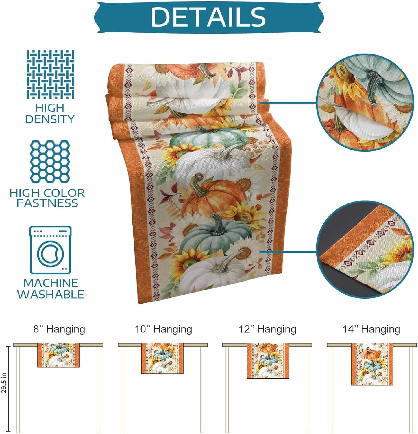 Pumpkins Sunflower Table Runner 13"x120" Thanksgiving Sage Green Orange Pumpkin Cotton Linen Table Runners Fall Leaves Sunflower Table Cover Dresser Scarves for Kitchen Dining Holiday Party Wedding