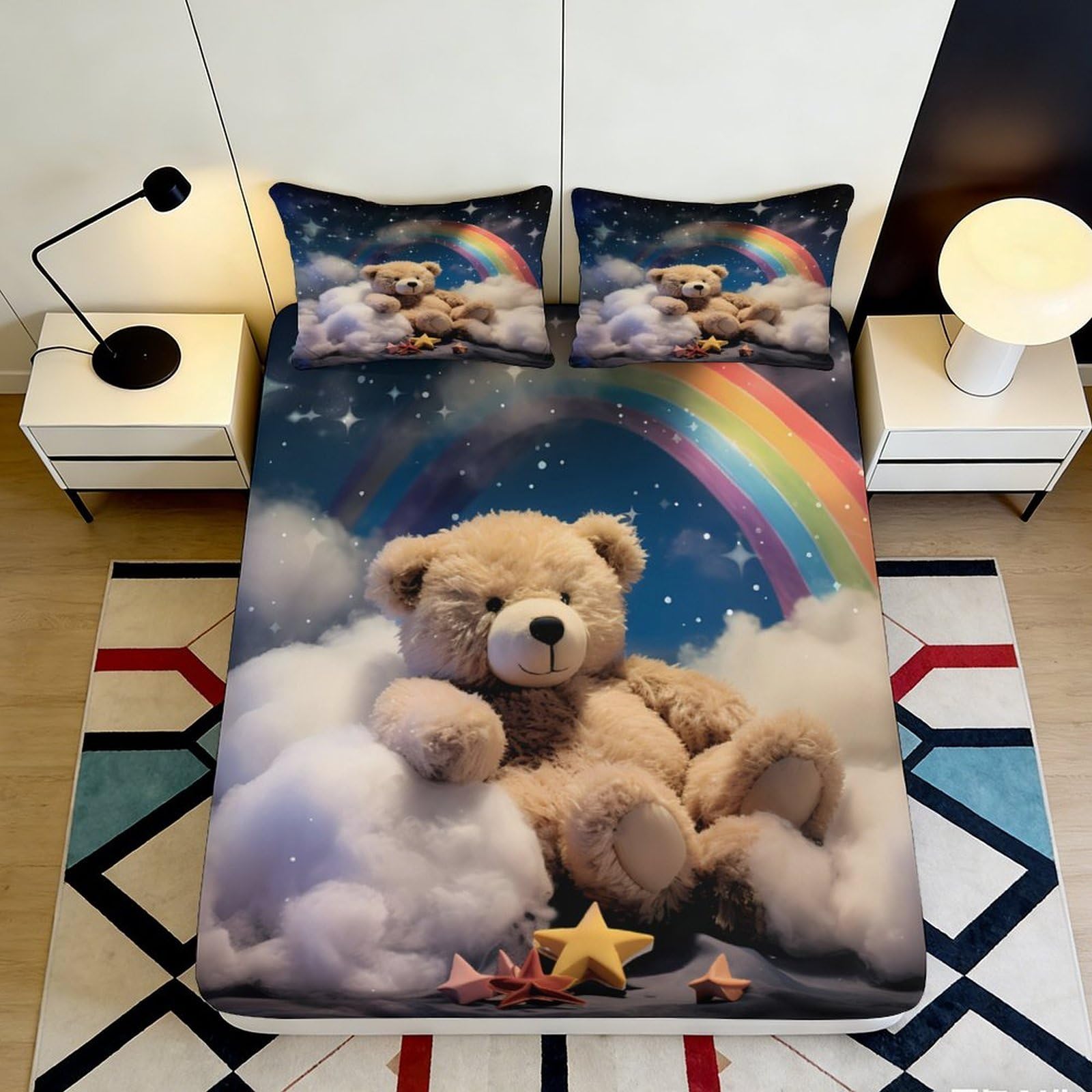 3D Printed Teddy Bear Rainbow Fitted Sheet Microfiber Soft Breathable Cloud Bed Cover for Bedroom Dormitory Guest Room Mattress Protection Decor 180x200x25cm