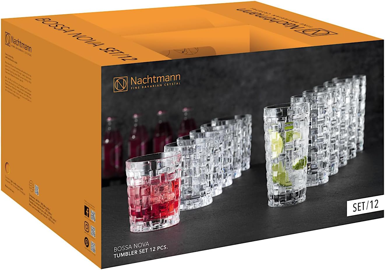 Nachtmann Bossa Nova Crystal Glasses, 12-Piece – 6" Lead-Free Set with 6 Whisky Tumblers & 6 Long Drink Glasses – Textured Basketweave Design for Cocktails, Water & Barware Display at Home