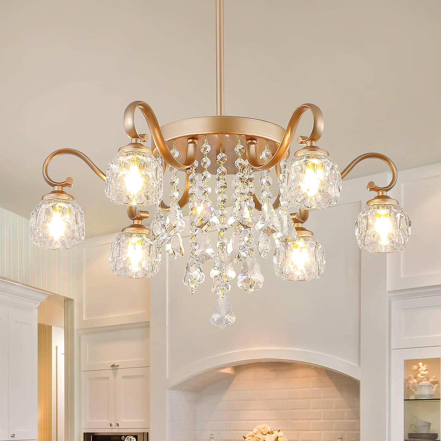 Crystal Chandelier, 6 Lights Vintage Dining Room Light Fixture, Gold Chandeliers for Living Room Bedroom Entryway Kitchen Island Hallway (G9 Bulbs Not Included