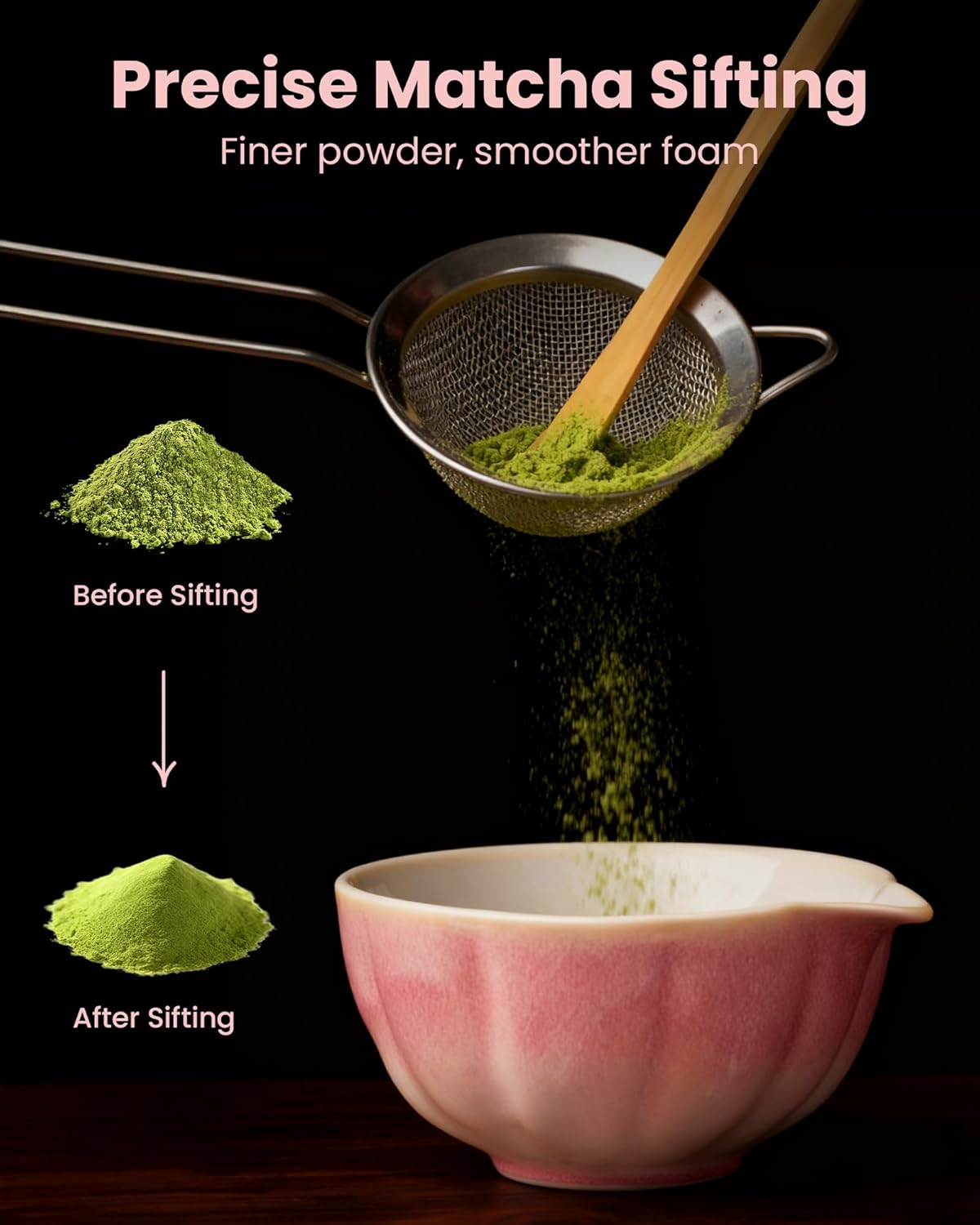 Handcrafted Matcha Kit, 7-Piece Green Tea Set, Includes Ceramic Bowl, Bamboo Whisk, Stainless Steel Sifter, Bamboo Scoop, Whisk Holder & Cotton Towel, Perfect for Tea Ceremony, Pink Small Flower