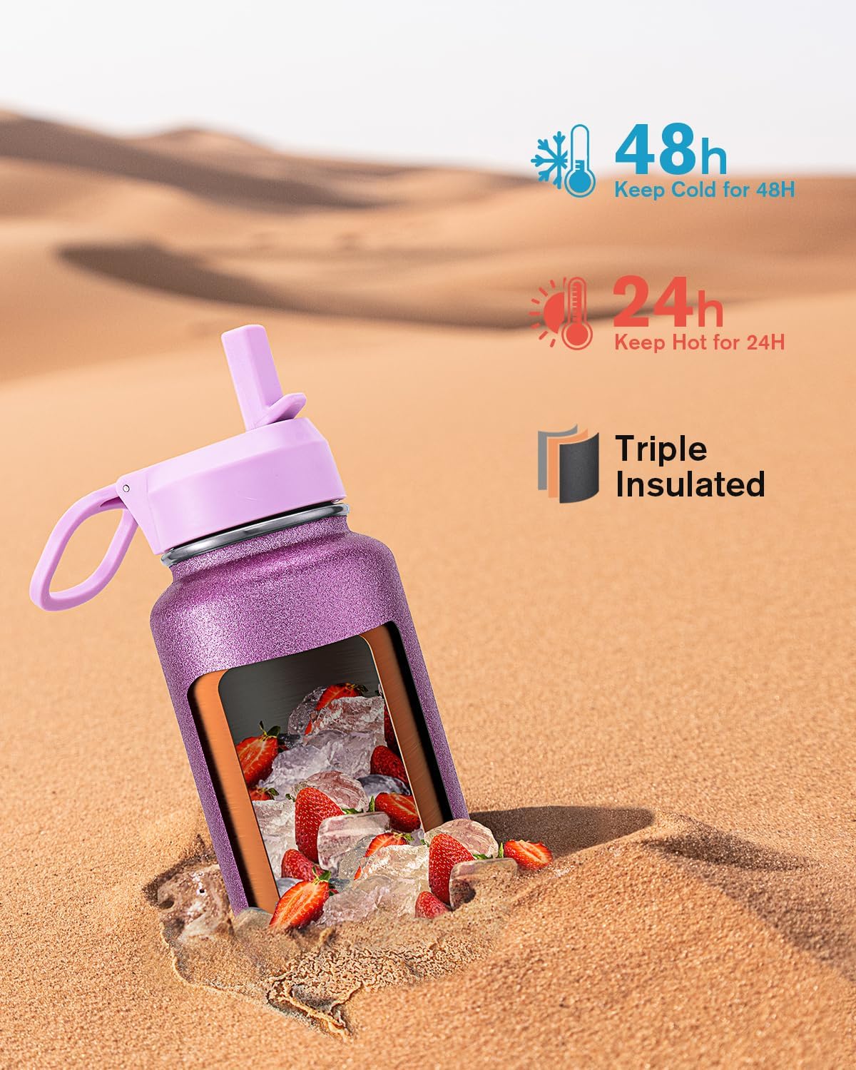Coolflask Water Bottle 40 oz Insulated with Straw, Stainless Steel Metal 3 Lids Water Flask for Sports or Office, Keep Cold 48H Hot 24H, Glitter Pink - Image 2
