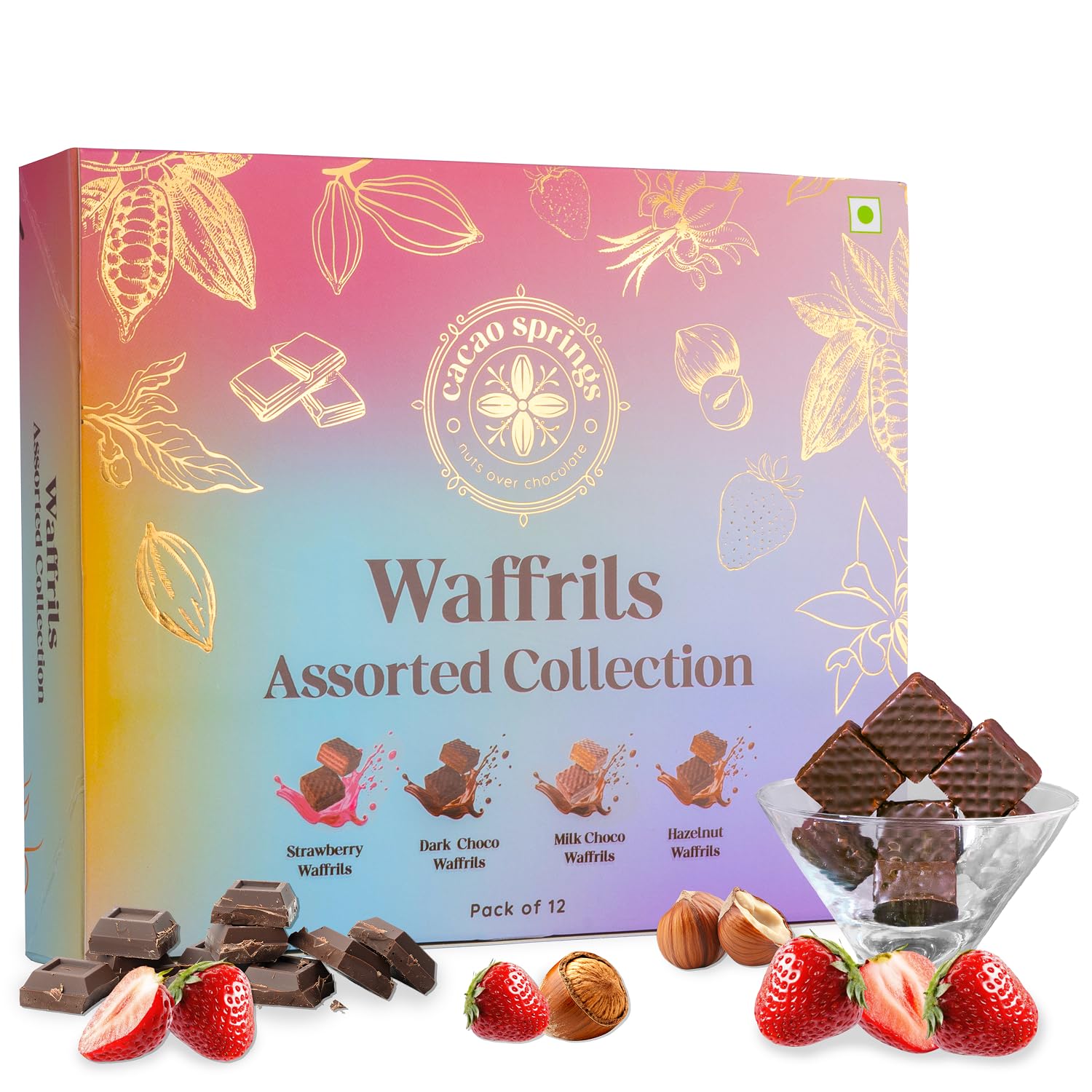 Cacao Springs Premium Assorted Waffrils Combo Gift Box, Premium Choco & Nut Delicacy Waffle Chips, Great for Snacking, Premium Gift Hamper for Christmas Gifts, 12 Pieces in Each Box, 1 Box, 120gm