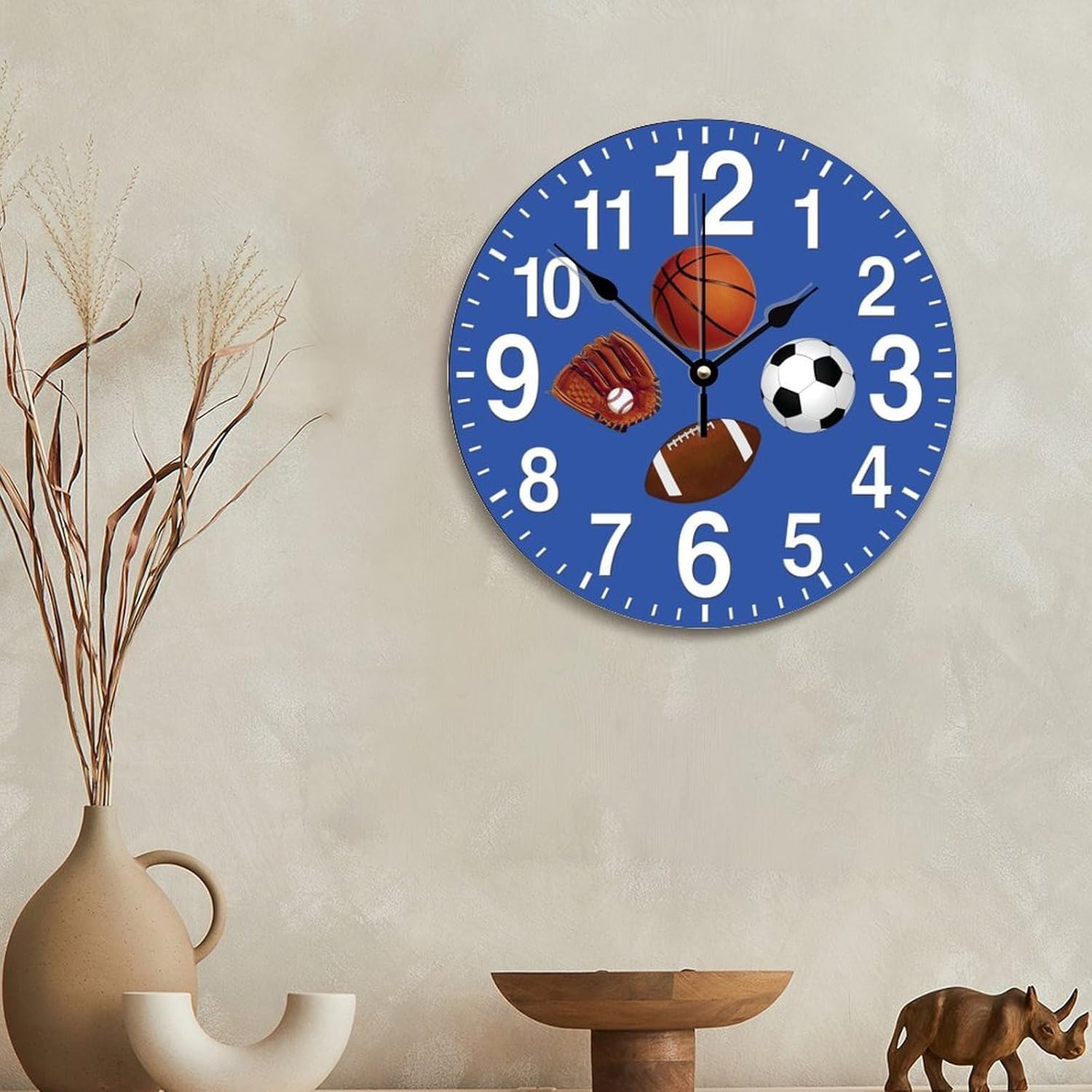 ArogGeld Sports Wall Clock Soccer Rugby Ball Basketball Large Wooden Wall Clocks Battery Operated 12 Inch Non-Ticking Modern She Shed Living Room Decor Gift for Man Woman Friend Anniversary