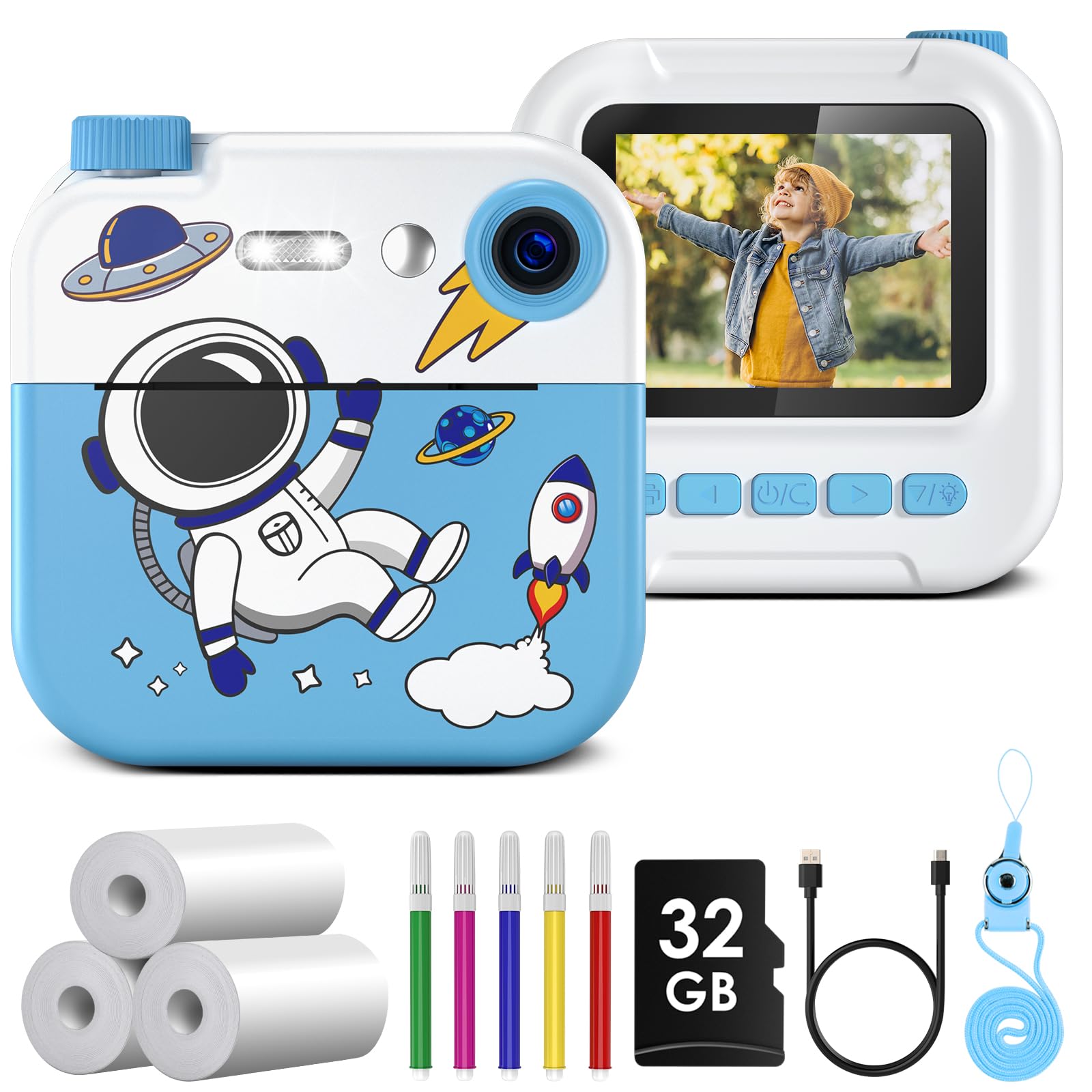 GREENKINDER Macchina Fotografica Bambini Istantanea, 2,4 Pollici 1080P Fotocamera Istantanea Bambini, Fotocamera Digitale con 32G Scheda, 5 Penne Colorate, Giocattoli da Regalo per Bambini 3-12 Anni