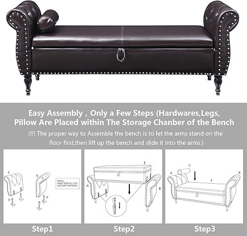 Miniatura 92 de Aoowow Banco de almacenamiento de 63 pulgadas para dormitorio, extremo de la cama, sofá otomano enrollado de tela de terciopelo armado, banco largo