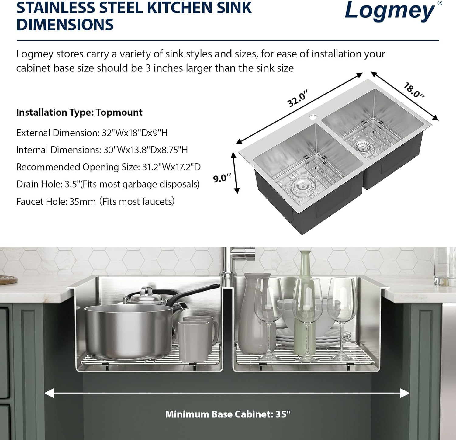 Logmey 32 Inch Drop In Double Bowl Sink - 32x18 Inches Handmade Stainless Steel Doble Sink 16 Gauge 50/50 Double Bowl Kitchen Sink 32x18x9 Inches Topmount Sinks