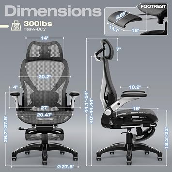 X100 Ergonomic Mesh Office Chair with Footrest, Big and Tall Hone Desk Chair with 5D Flip-Up Arms, Adjustable 3D Lumbar Support,Gaming & Executive Computer Chairs