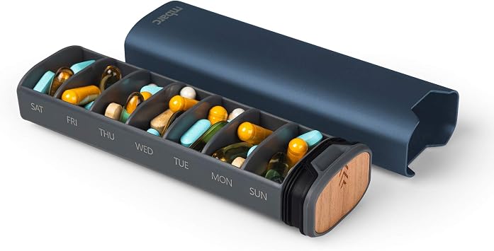 HigherHuman 7 Day Weekly Pill Organizer by mbarc - Premium Stylish Aluminum and Wood Large Capacity Pill Box for Supplements, Pills, Vitamins and Medicine.