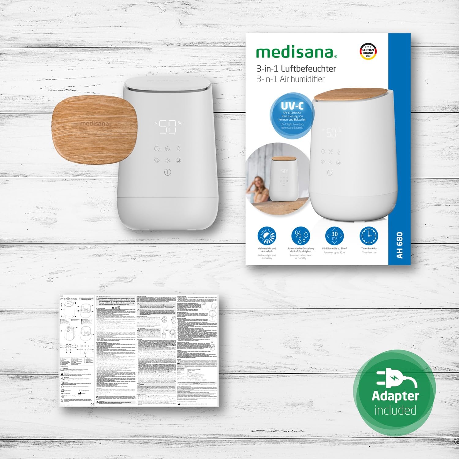 Medisana AH 680 humidificador con ultrasonidos, nebulizador con temporizador, modo sueño silencioso, incluye esponjas aromáticas
